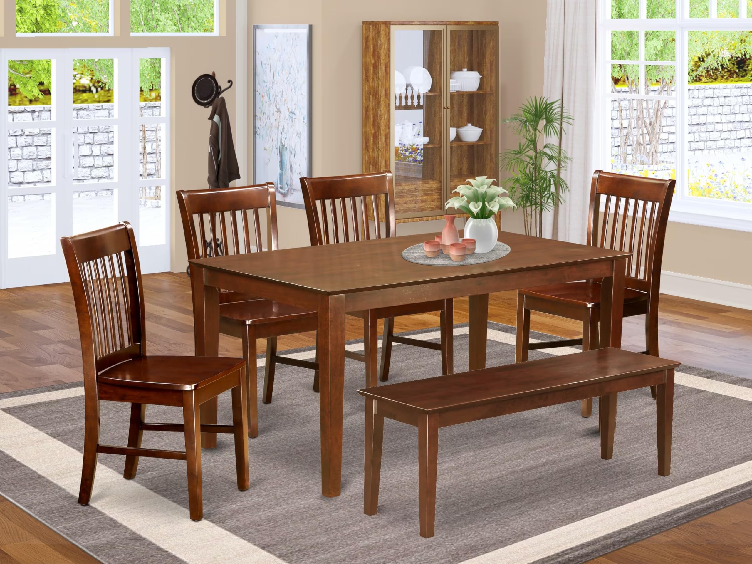 East West Furniture CANO6C-MAH-W 6 Piece Dining Table Set Contains a Rectangle Kitchen Table and 4 Dining Chairs with a Bench, 36x60 Inch, Mahogany
