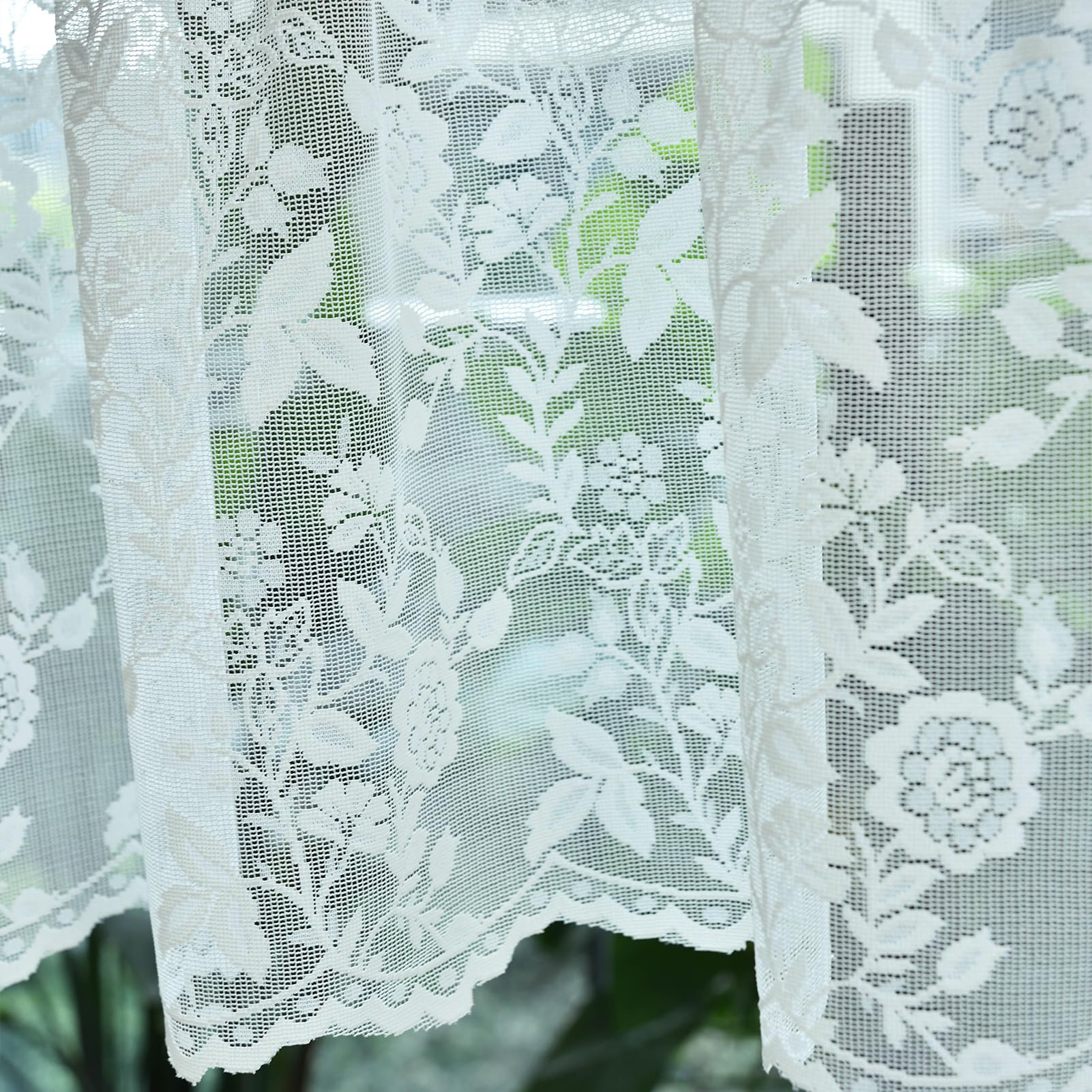 Finecity Lace Valances For Windows Over Sink, Rustic Leaf Floral Scalloped Bottom Sheer Kitchen Valance Curtain 18 Inch Length,