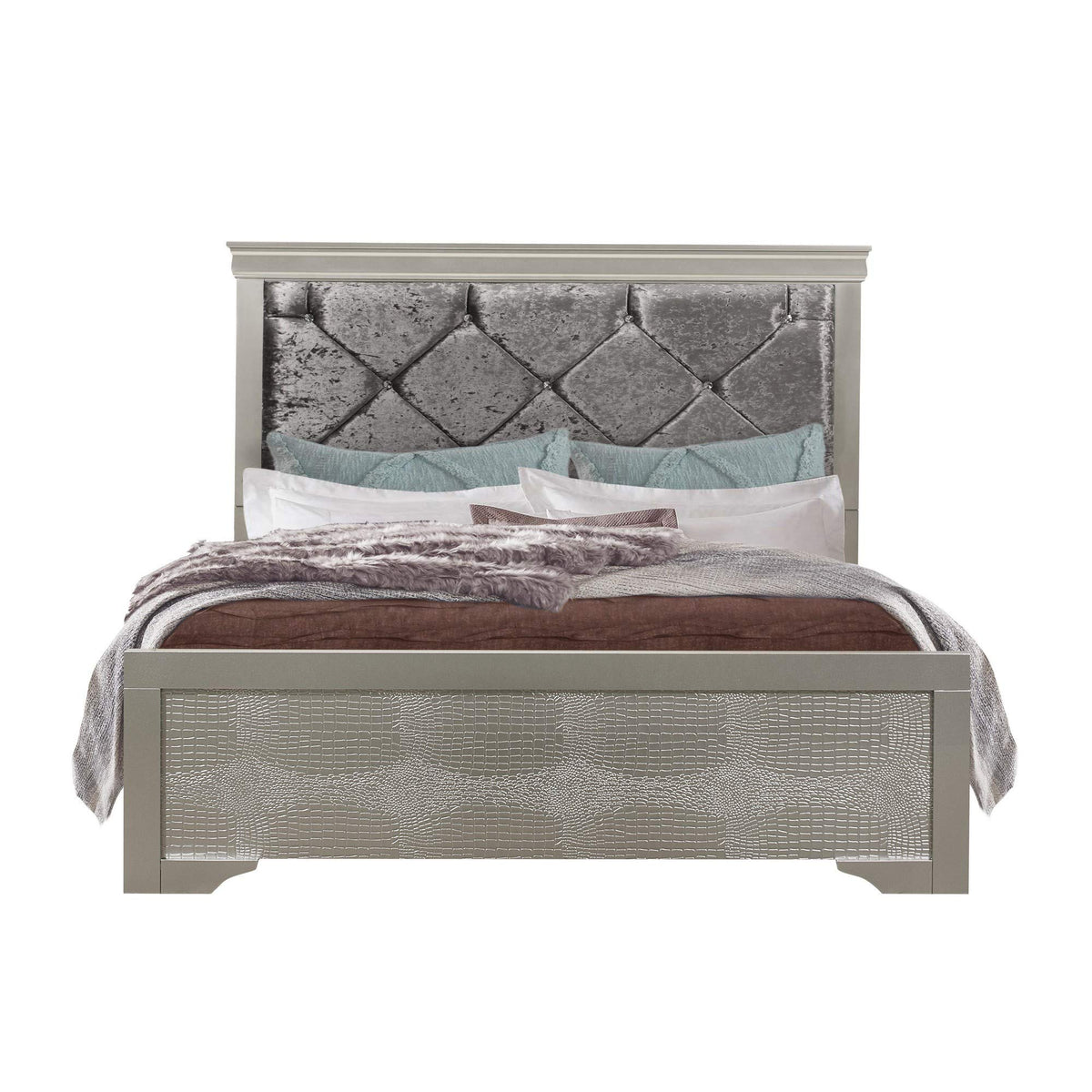 HomeRoots Silver Tone Rubberwood Full Bed with Clean Line Headboard and Footboard