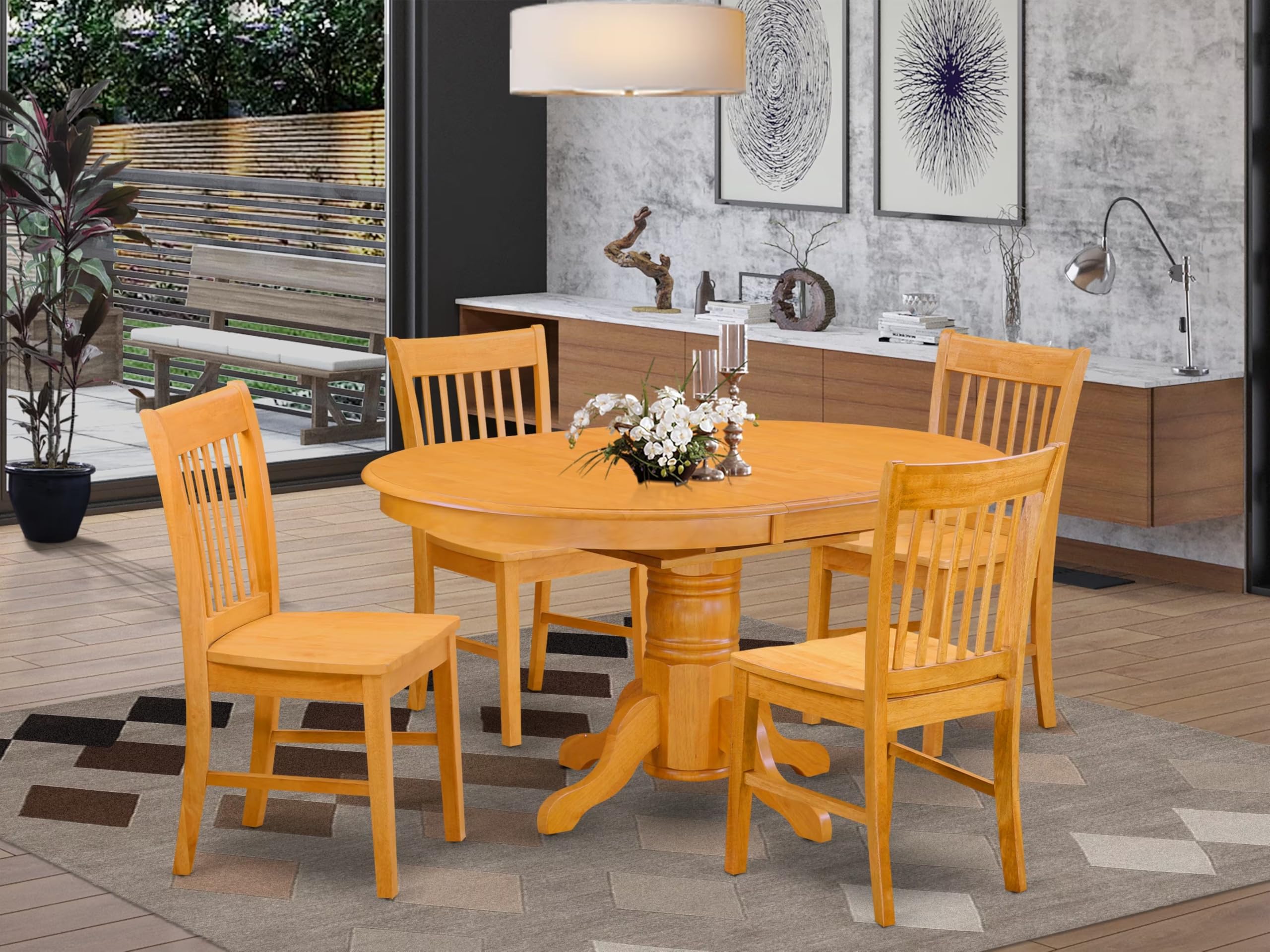 East West Furniture AVNO5-OAK-W Avon 5 Piece Dinette Set for 4 Includes an Oval Table with Butterfly Leaf and 4 Dining Room Chairs, 42x60 Inch, Oak