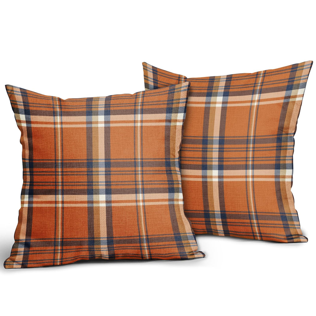 Fall Plaid Pillow Covers 18X18 Set Of 2 Orange Blue Buffalo Plaid Tartan Print Autumn Themed Decorative Throw Pillows Outdoor Pi
