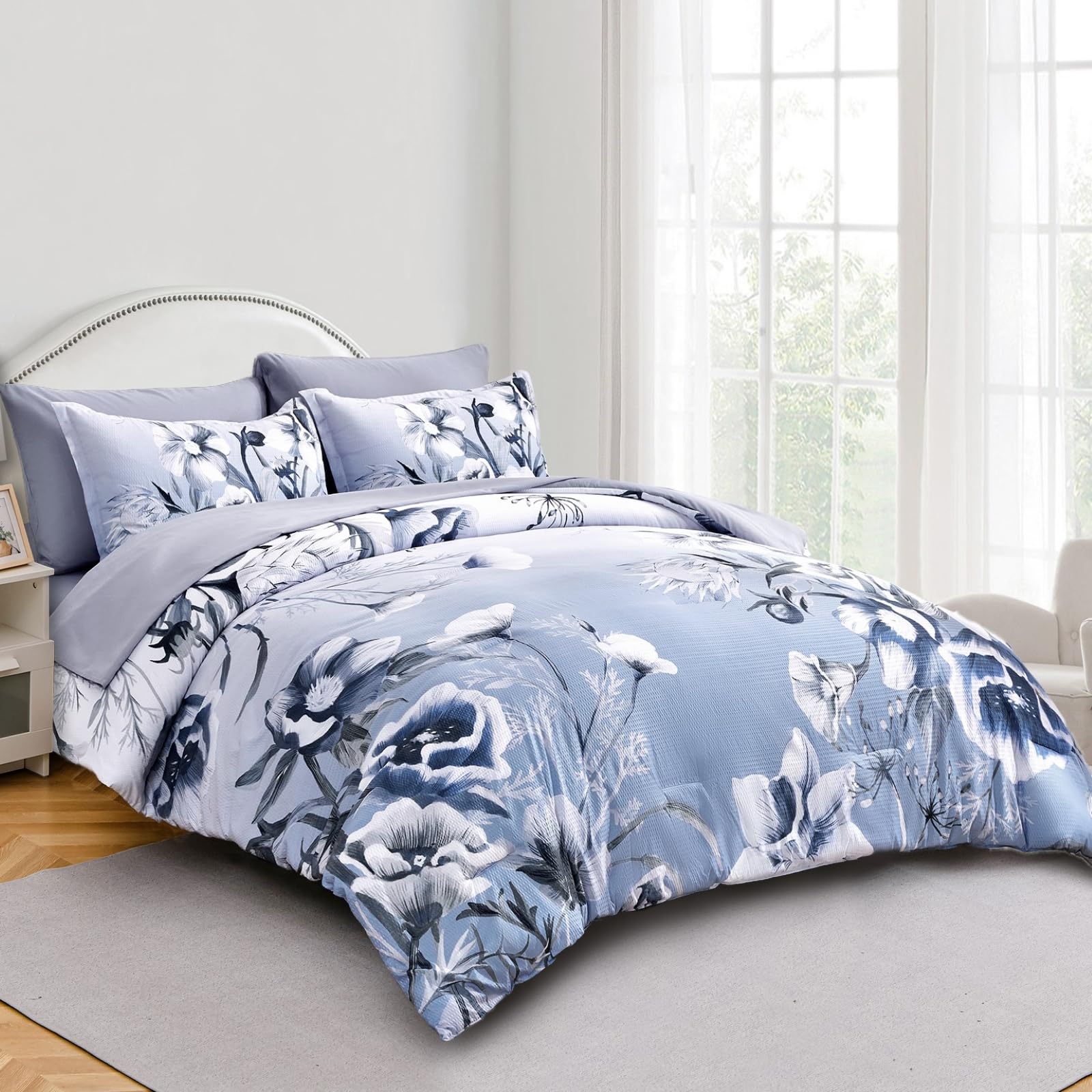 Luxudecor Floral Comforter Set King Size 7 Piece, Blue Flower Bed In A Bag, Elegant Gradient Floral Comforter With Sheet Set, So