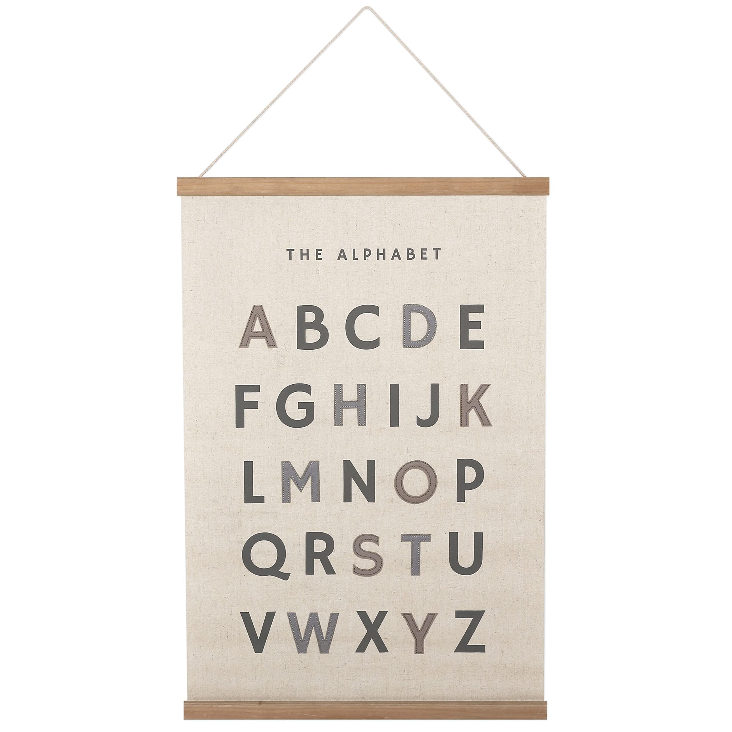 Bon et Beau 16 x 24 Inch Embroidered Alphabet Poster Framed with Wood Hanger - Neutral Gray Wall Decor for Boys Nursery, Bedroom