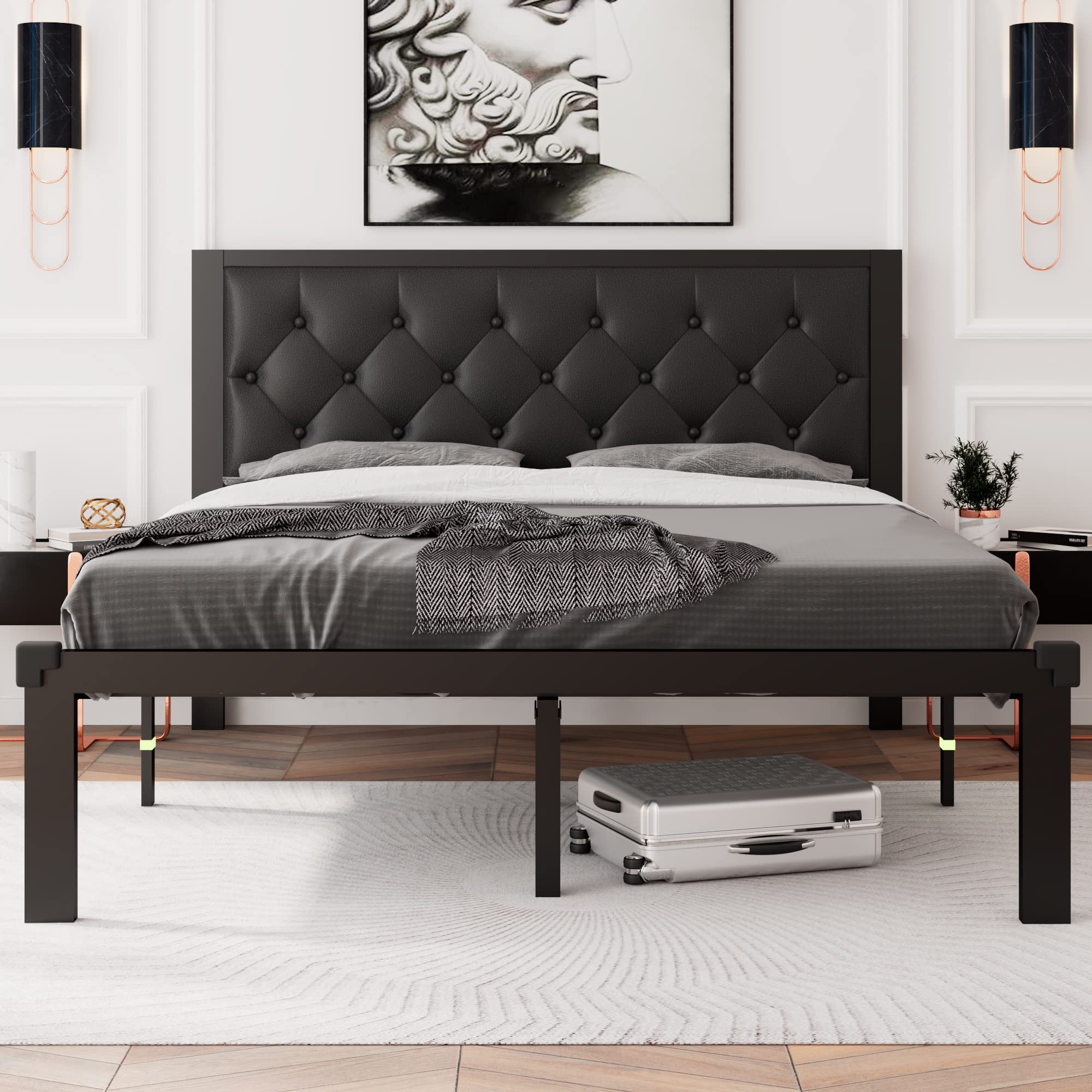 Feonase Queen Size Metal Bed Frame With Faux Leather Button Tufted Headboard, Heavy-Duty Platform Bed Frame With 12' Storage, Steel Slats Support, No Box Spring Needed, Noise Free, Black