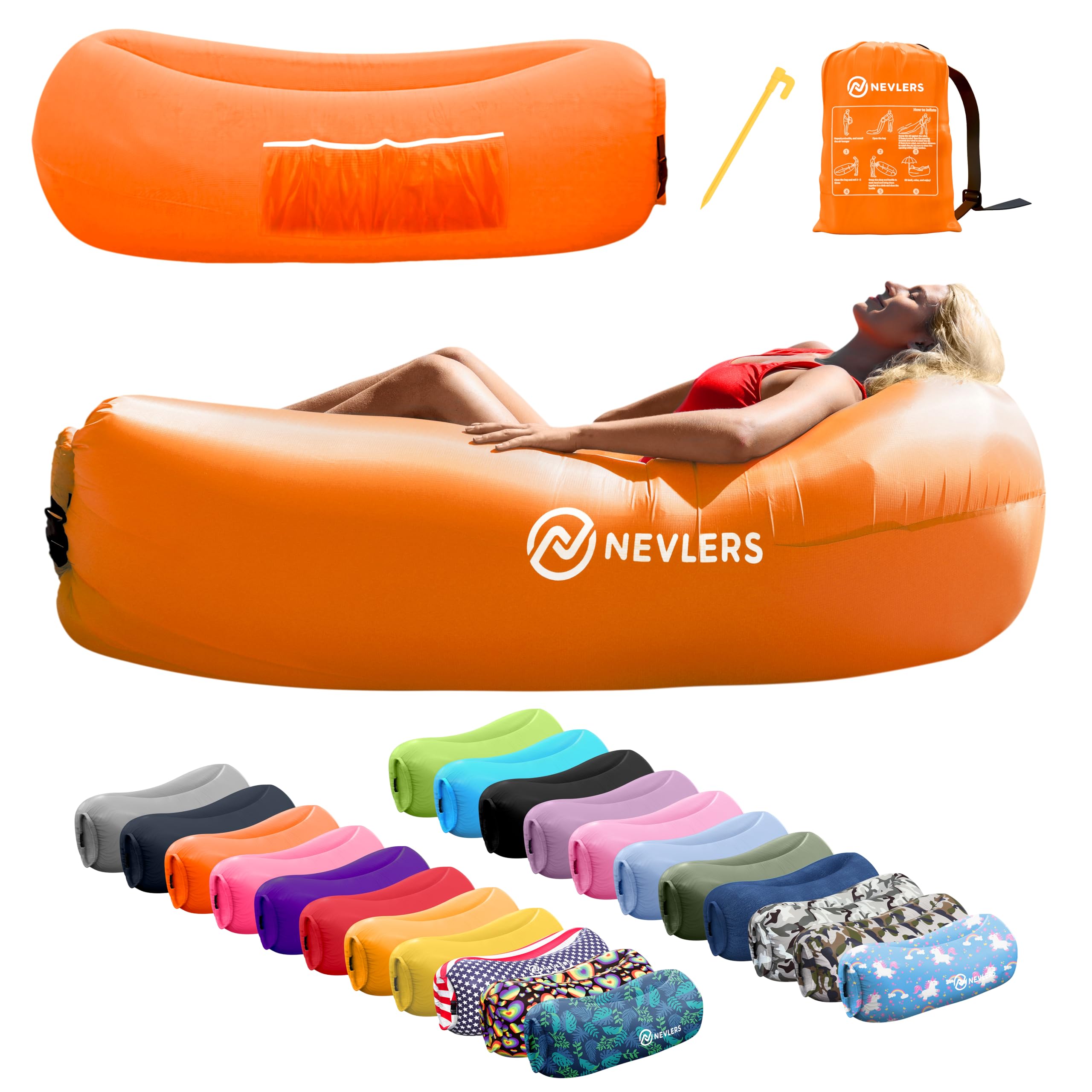 Nevlers Orange Inflatable Lounger | 210T Polyester Air Couch | No-Pump Blow Up Couch | Air Sofa w/ 450 lbs. Capacity, Pockets & 