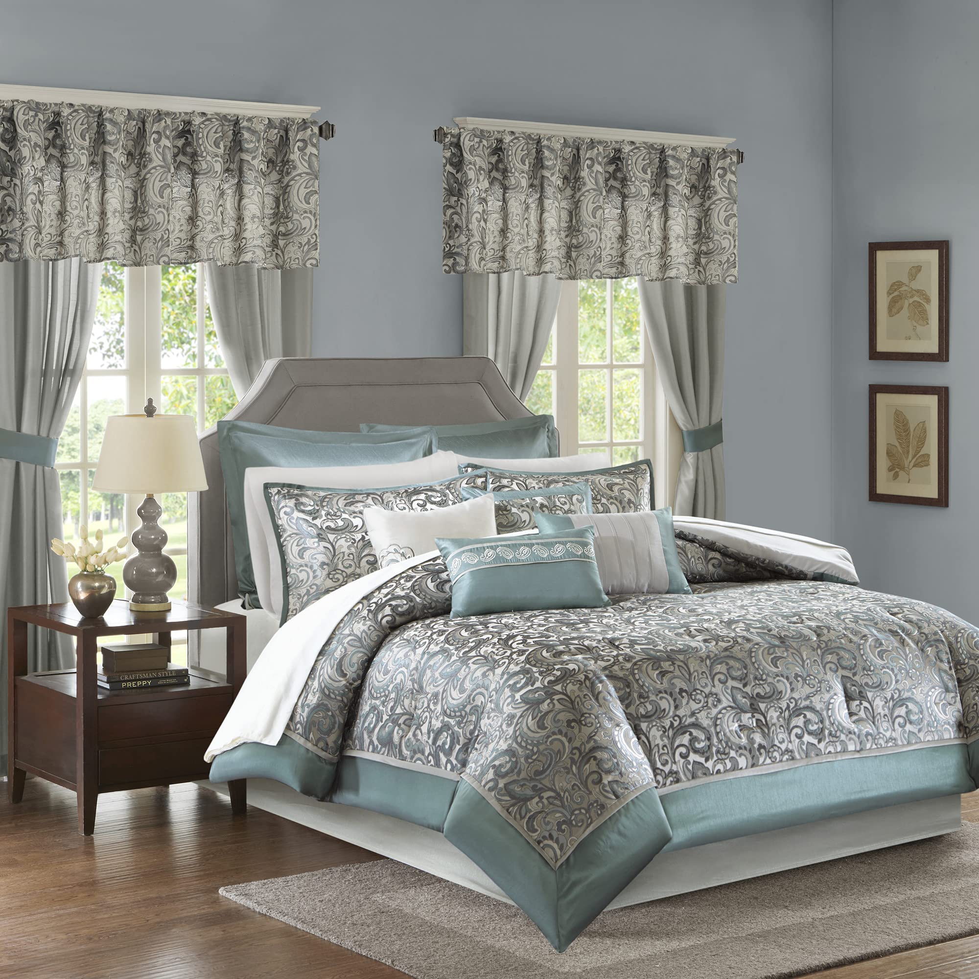Madison Park 24 Piece Faux Silk Paisley Queen Comforter Set With Matching Curtains, Down Alternative Hypoallergenic - Teal
