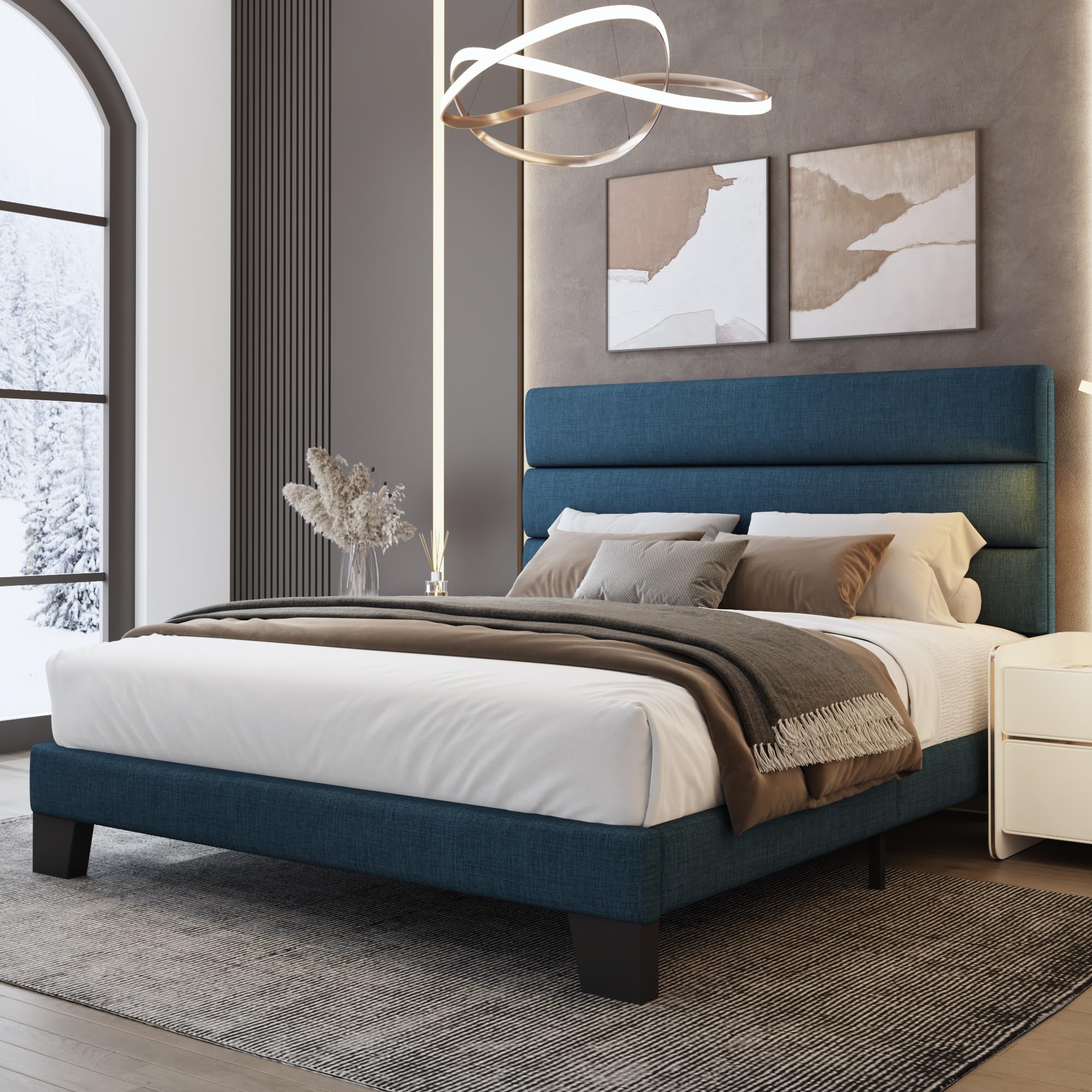 Weeway Queen Bed Frame Platform Bed With Linen Fabric Upholstered Headboard And Wooden Slats Support, Heavy Duty Mattress Foundation, No Box Spring Needed, Easy Assembly, Navy Blue