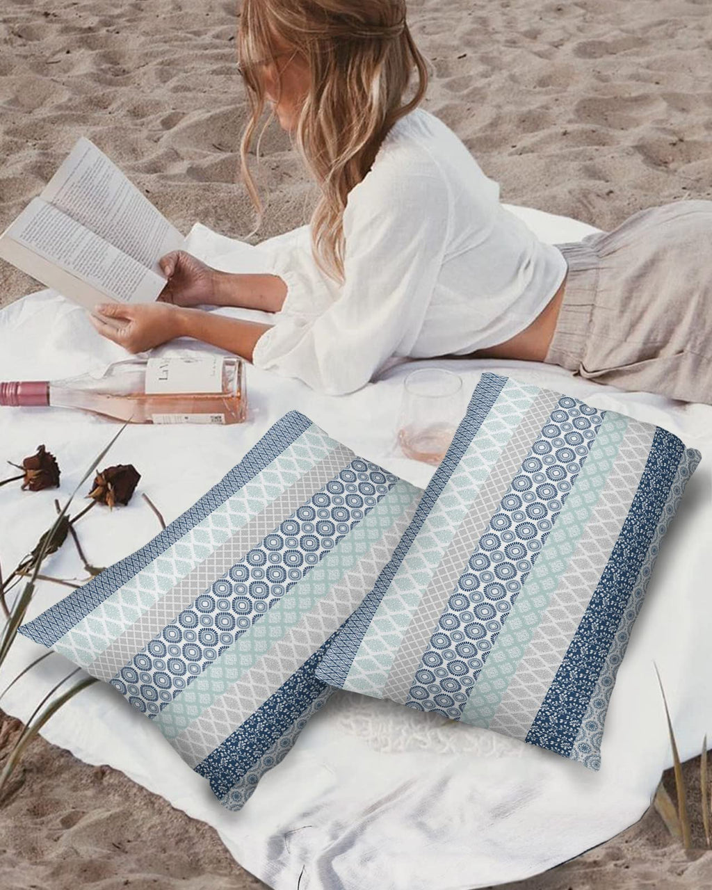 Outdoor Waterproof Throw Pillow Covers Set Of 2 Blue Boho Stripe Tribal Vingtage Lumbar Pillowcases 20X12 Inches Bohemian Style