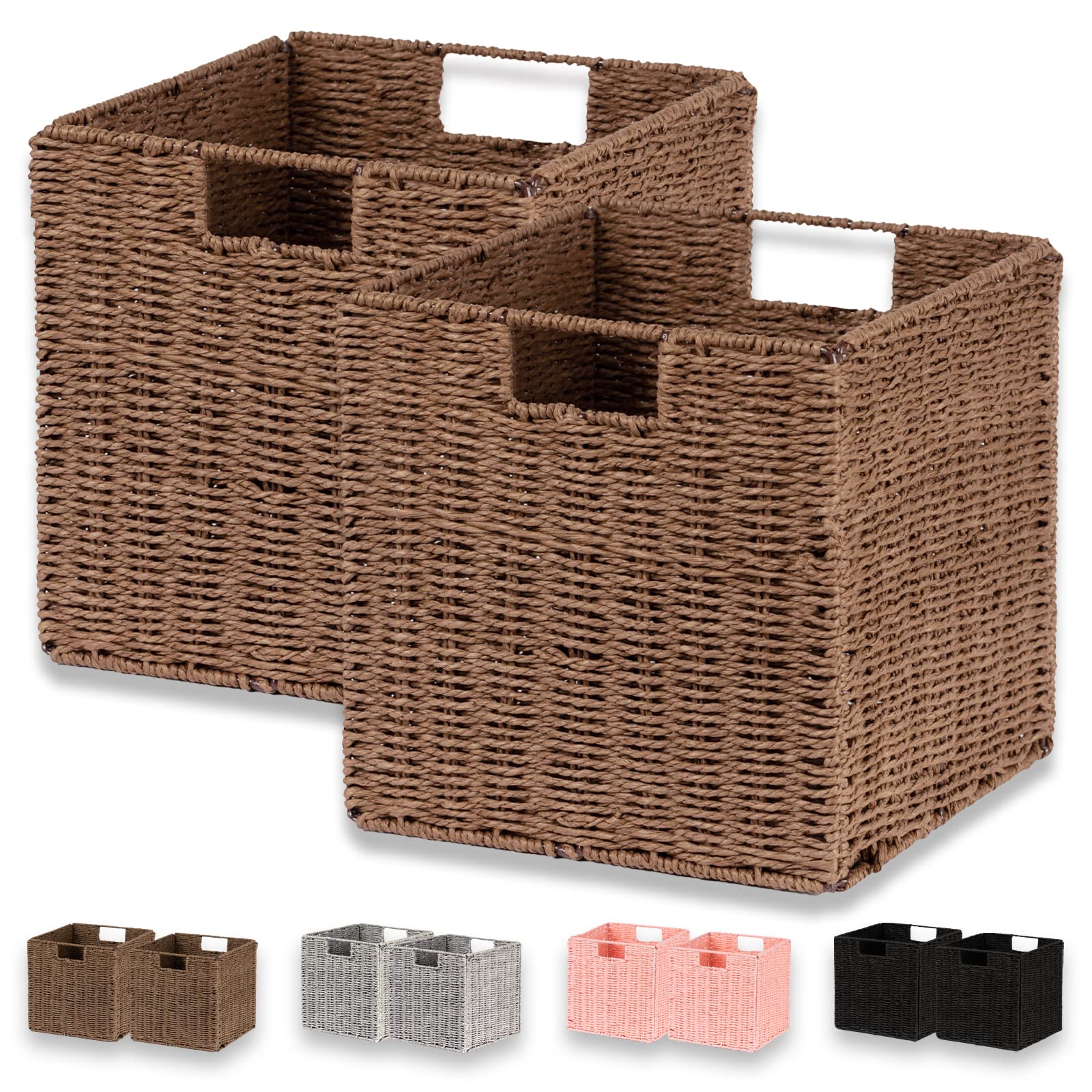 Vagusicc Wicker Baskets, Set of 2 Hand-Woven Paper Rope Storage Baskets Woven, Foldable Cubby Storage Bins, Storage Basket for S