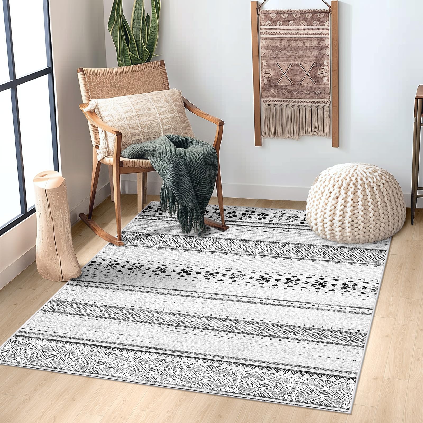 BESTSWEETIE 3x5 Area Rugs for Living Room Washable Moroccan Farmhouse Neutral Geometric Low Pile Non-Slip Soft Print Pattern Rug