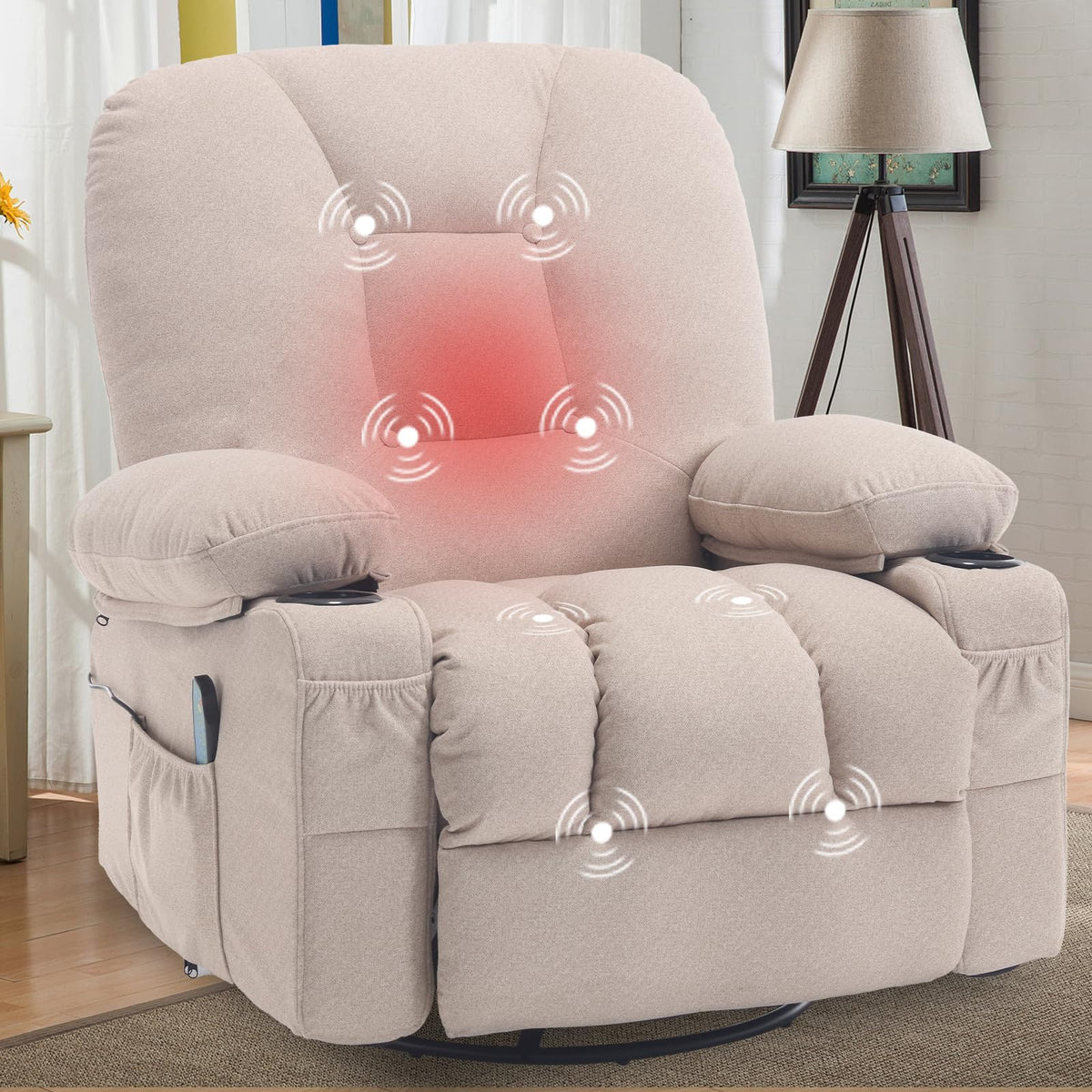 Reficcer Massage Recliner Chairs For Adults, Rocker Recliners With Massage And Heat, Fabric Overstuffed Swivel Glider With Cup H