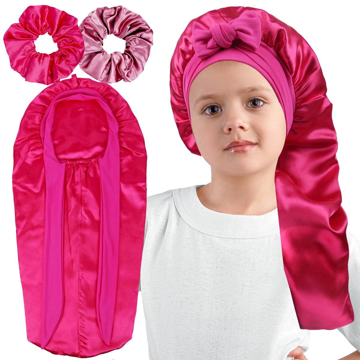 Long Kids Bonnets for Girls,Double Layer Satin Bonnet for Sleeping Kids,Bonnet for Kids Braids Long Hair Hot Pink