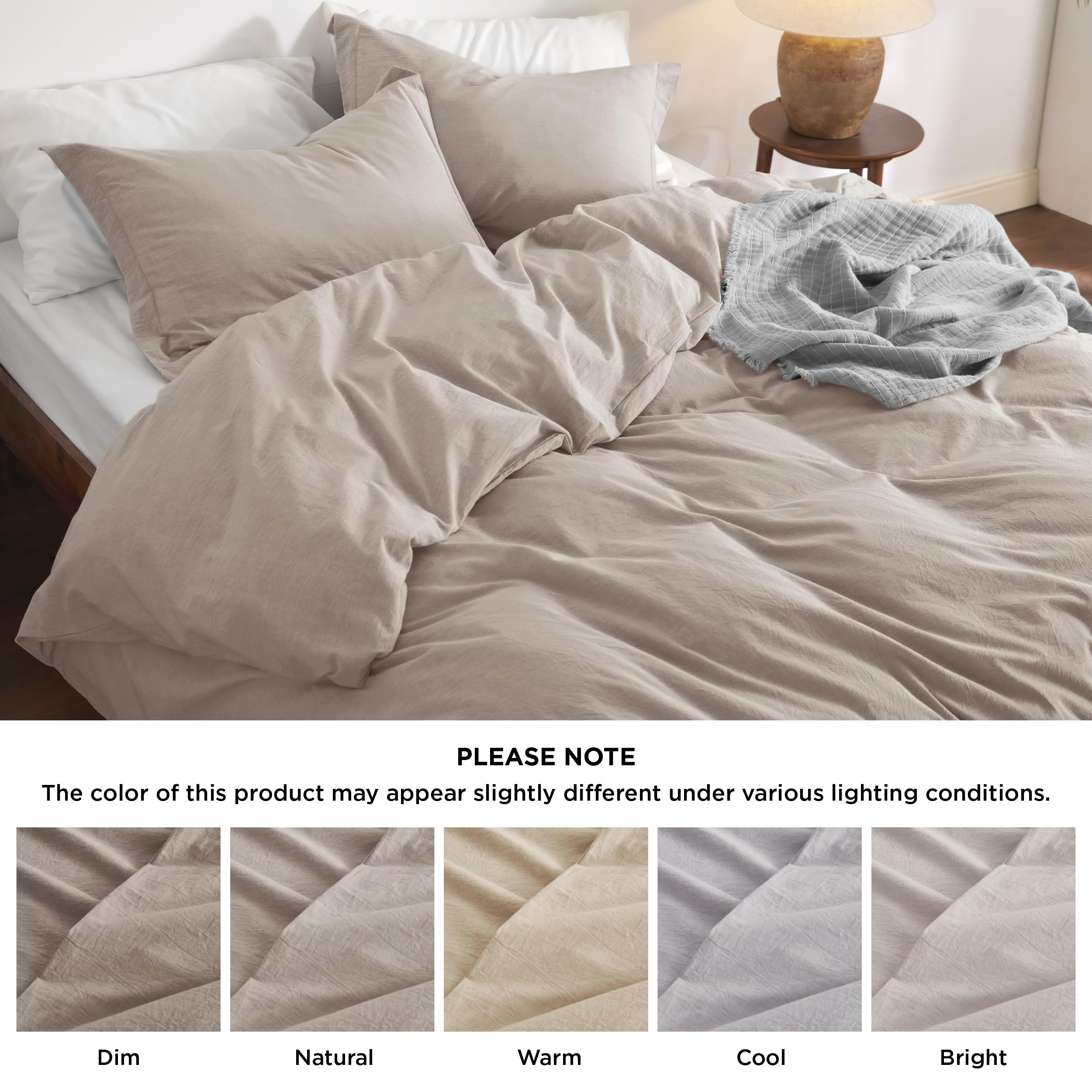 Bedsure 100% Washed Cotton Duvet Cover Full Size - Linen Grey Minimalist Cotton Duvet Cover Linen Like - 3 Pieces Gentlesoft™ Plain Simple Bedding Set With 2 Pillow Shams (Linen Grey, Full, 80'X90')