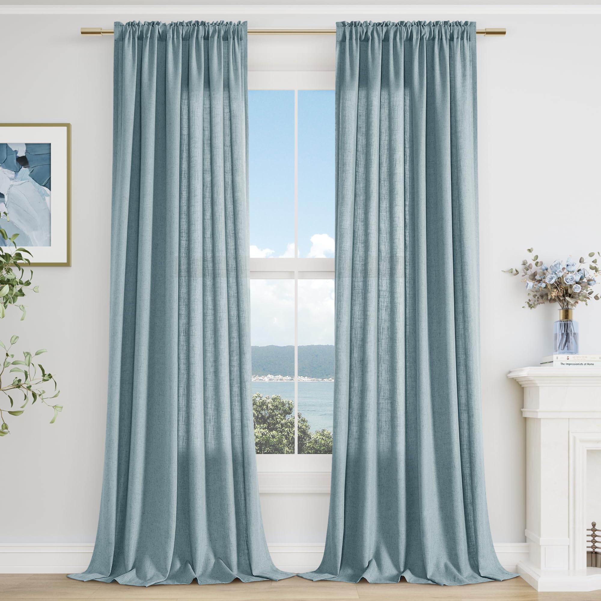 Guken Blue Linen Curtains 96 Inch Length For Living Room Bedroom 2 Panels Set Rod Pocket Light Filtering Semi Sheer Window Curta