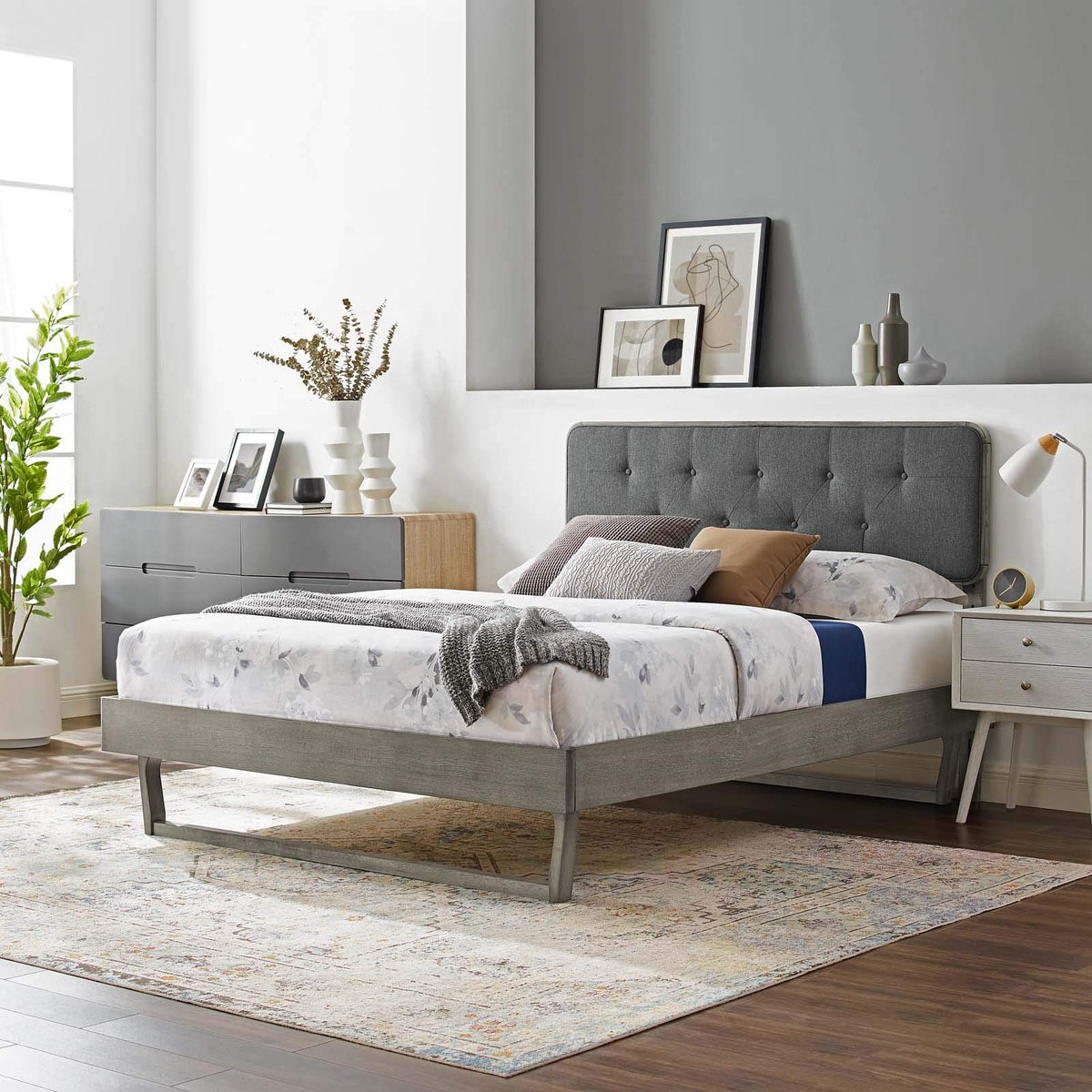 Modway Bridgette Wood Platform Bed With Angular Frame, King, Gray Charcoal