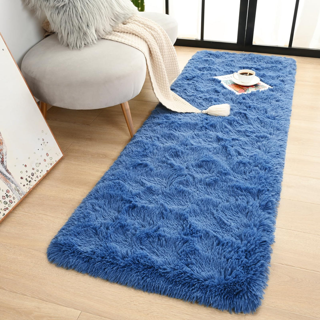 Terrug Fluffy Runner Rug for Bedroom Living Room, 2x6 Navy Area Rug Washable Shag Carpet, Super Soft Fuzzy Plush Non-Slip Cute M