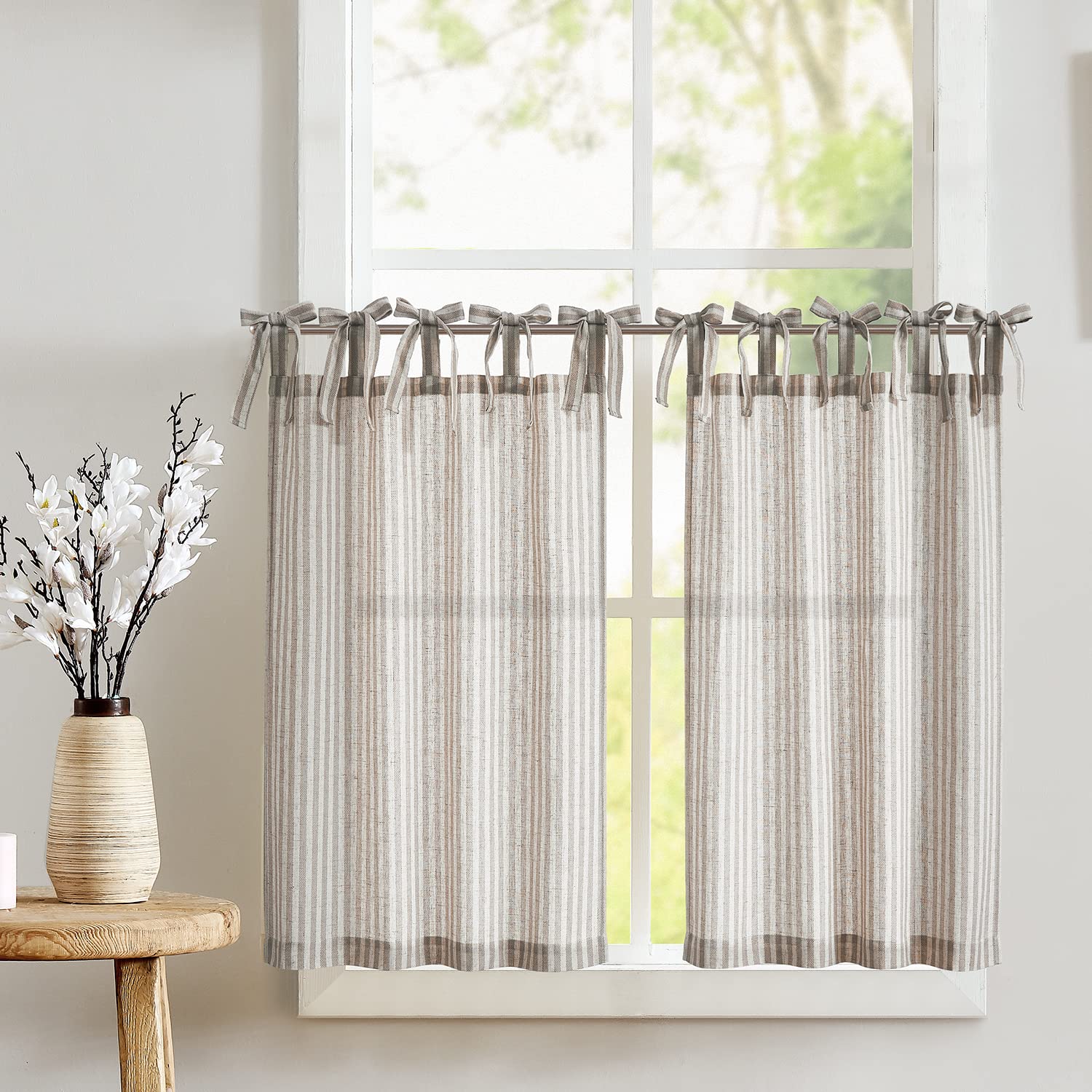 Jinchan Kitchen Curtains 36 Inch Length Striped Tie Top Linen Tier Curtains Short Curtains For Living Room Bedroom Bathroom Farmhouse Light Filtering Rod Pocket Cafe Curtains 2 Panels Grey On Beige