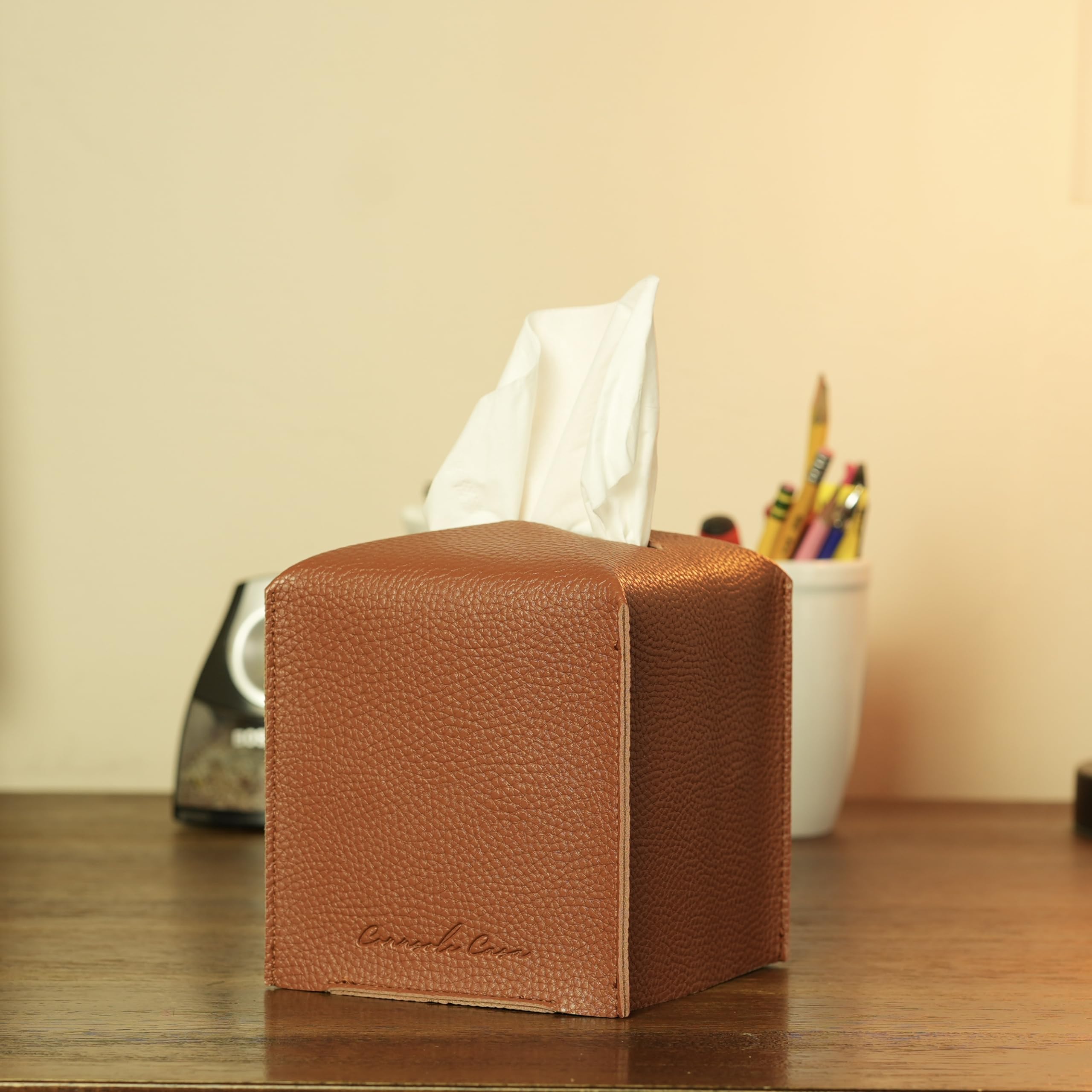 Connsole Casa Premium Pu Leather Tissue Box Holder - Elegant Hotel-Style Camel Tissue Box Cover For Enhanced D  Cor Of Home, Off