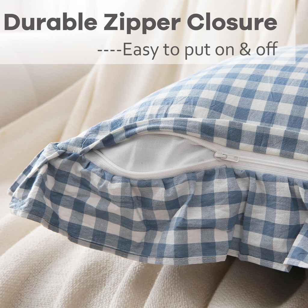 K Masaniji 2 Pack Dust Blue White Plaid Ruffle Throw Pillow Covers 18X18 Inches, 100% Washed Cotton Gingham Buffalo Checkered Fa
