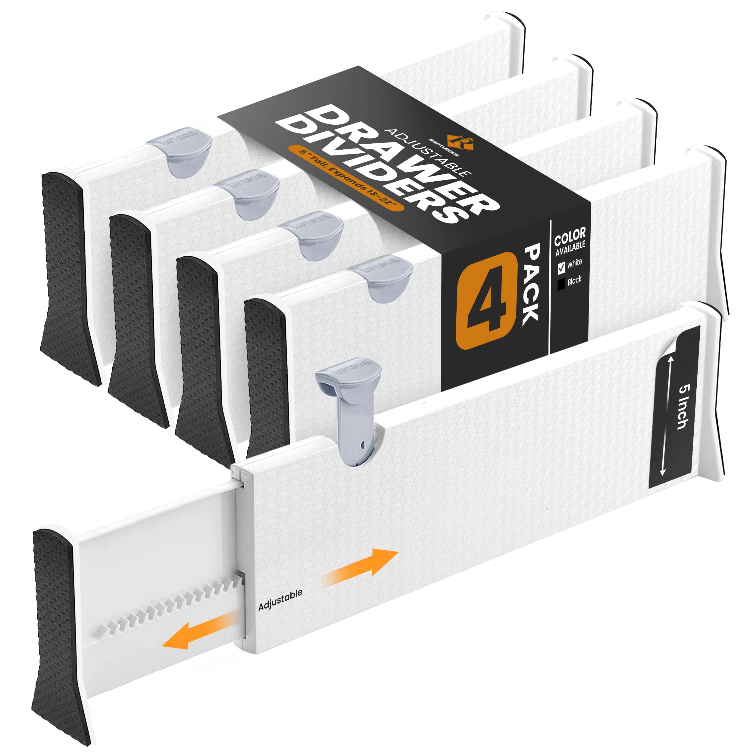 RAPTUROUS Deep Drawer Dividers 4 Pack, 5 Inch Tall, 13-22 Inch Long Expandable, Adjustable Drawer Organizer for Clothing, Dresse