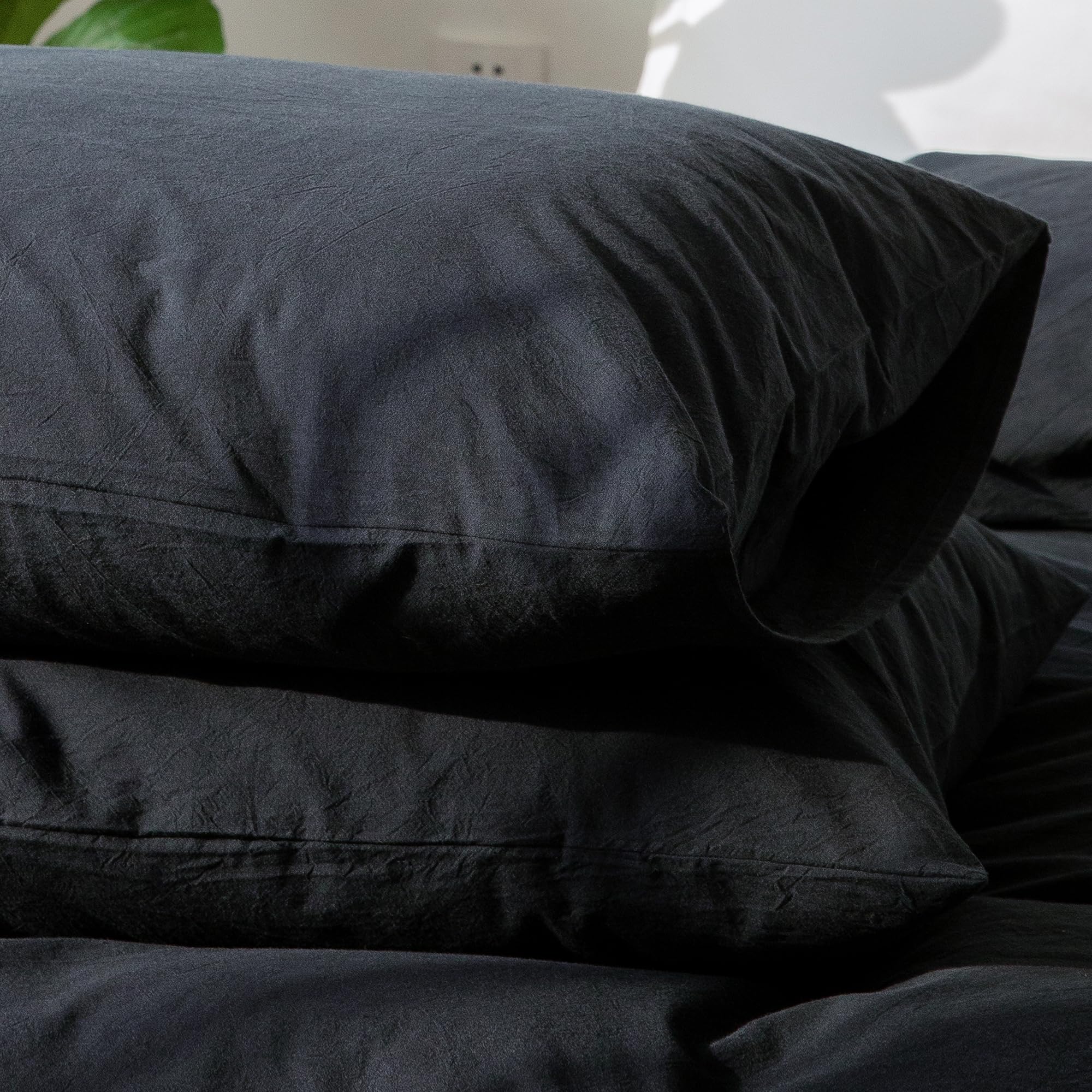 Moomee Bedding Pillowcases Pack Of 2 100% Washed Cotton Linen Like Textured Breathable Durable Soft Comfy (Black, Standard)