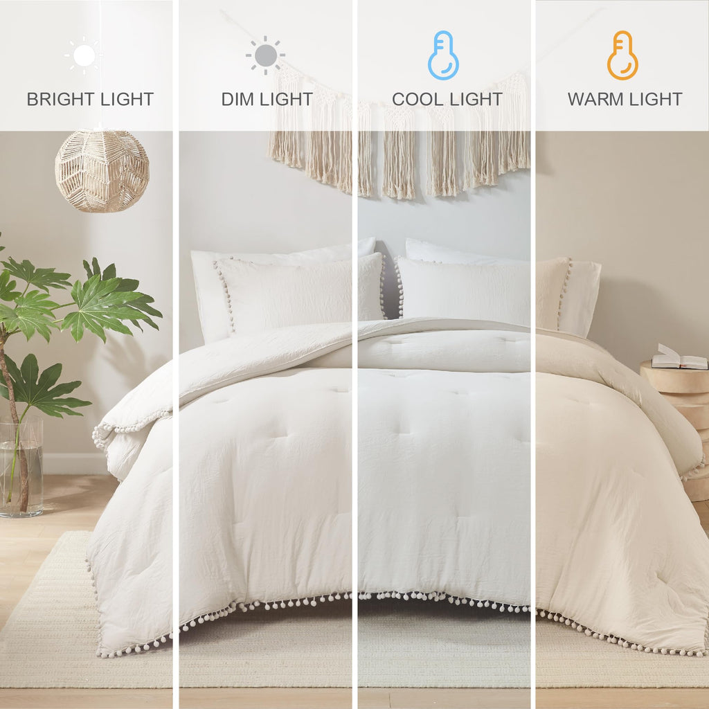 Codi Beige Comforter Set Queen - Boho Aesthetic Pom Fringe Bedding For Teen Girls, Cute Soft Washed Microfiber Taupe Bed Sets, L