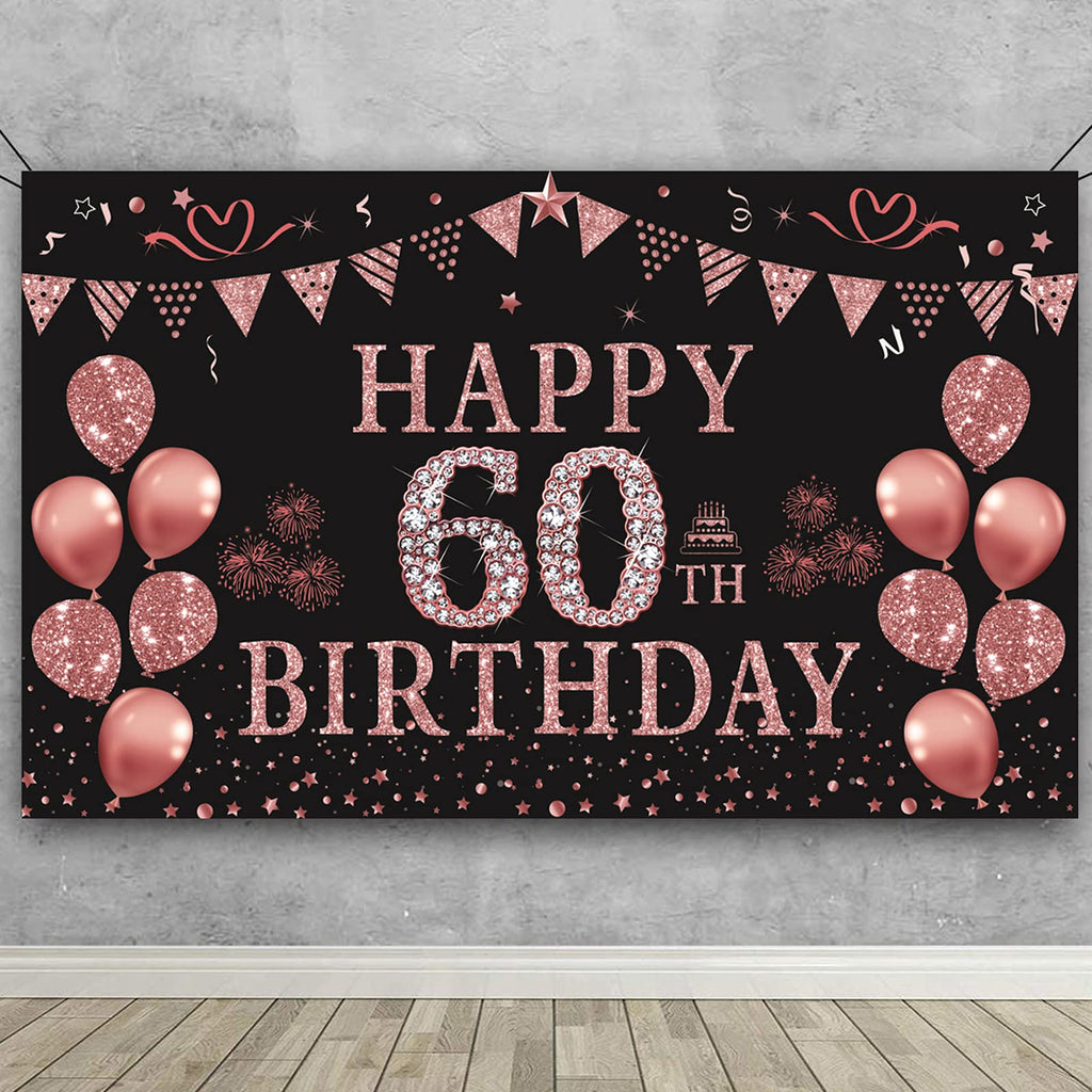 Trgowaul 60th Birthday Decorations for Women Rose Gold Birthday Backdrop Banner 5.9 X 3.6 Fts Happy Birthday Party Suppiles Phot