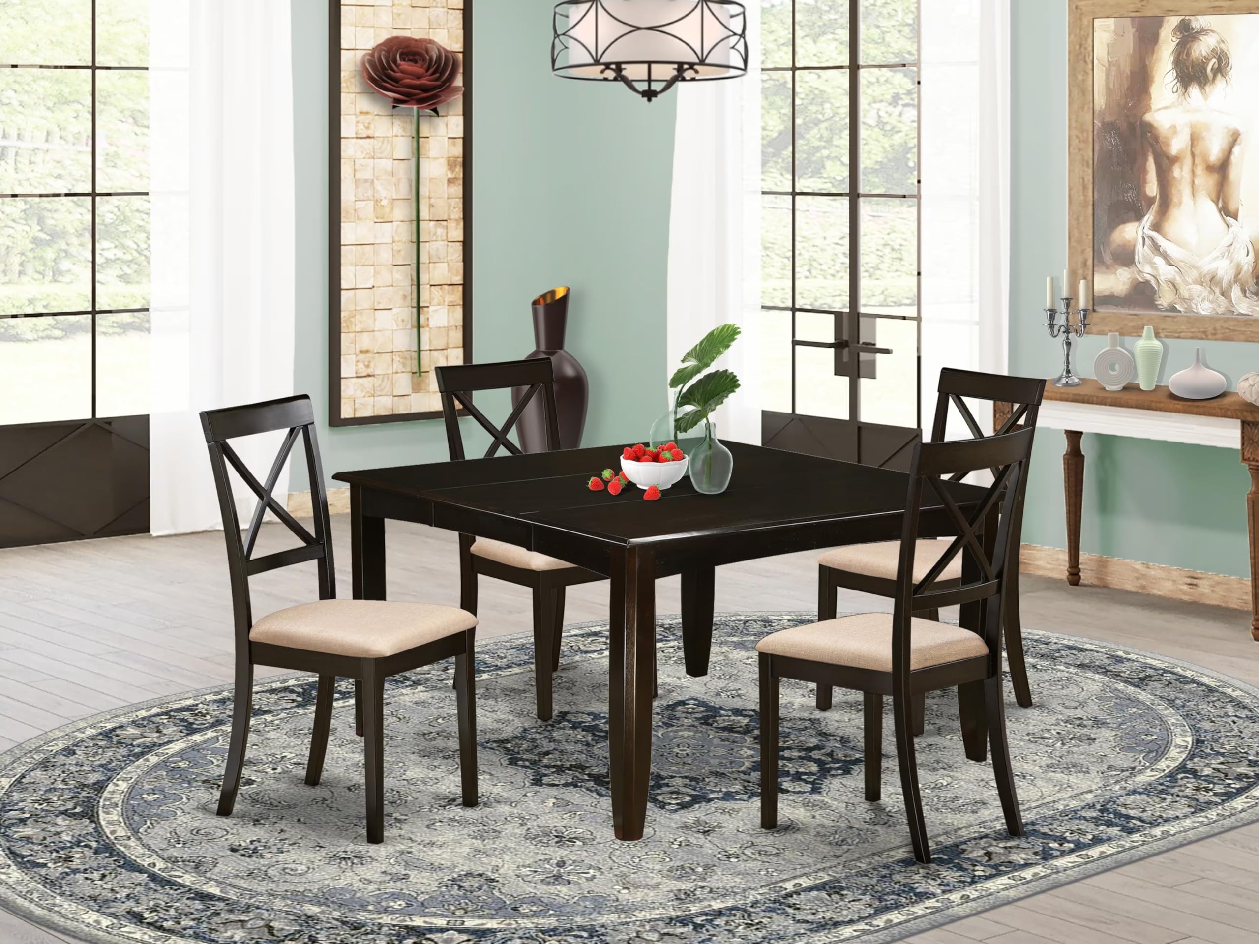 East West Furniture PFBO5-CAP-C 5 Piece Dinette Set for 4 Includes a Square Dining Room Table with Butterfly Leaf and 4 Linen Fabric Upholstered Dining Chairs, 54x54 Inch, Cappuccino