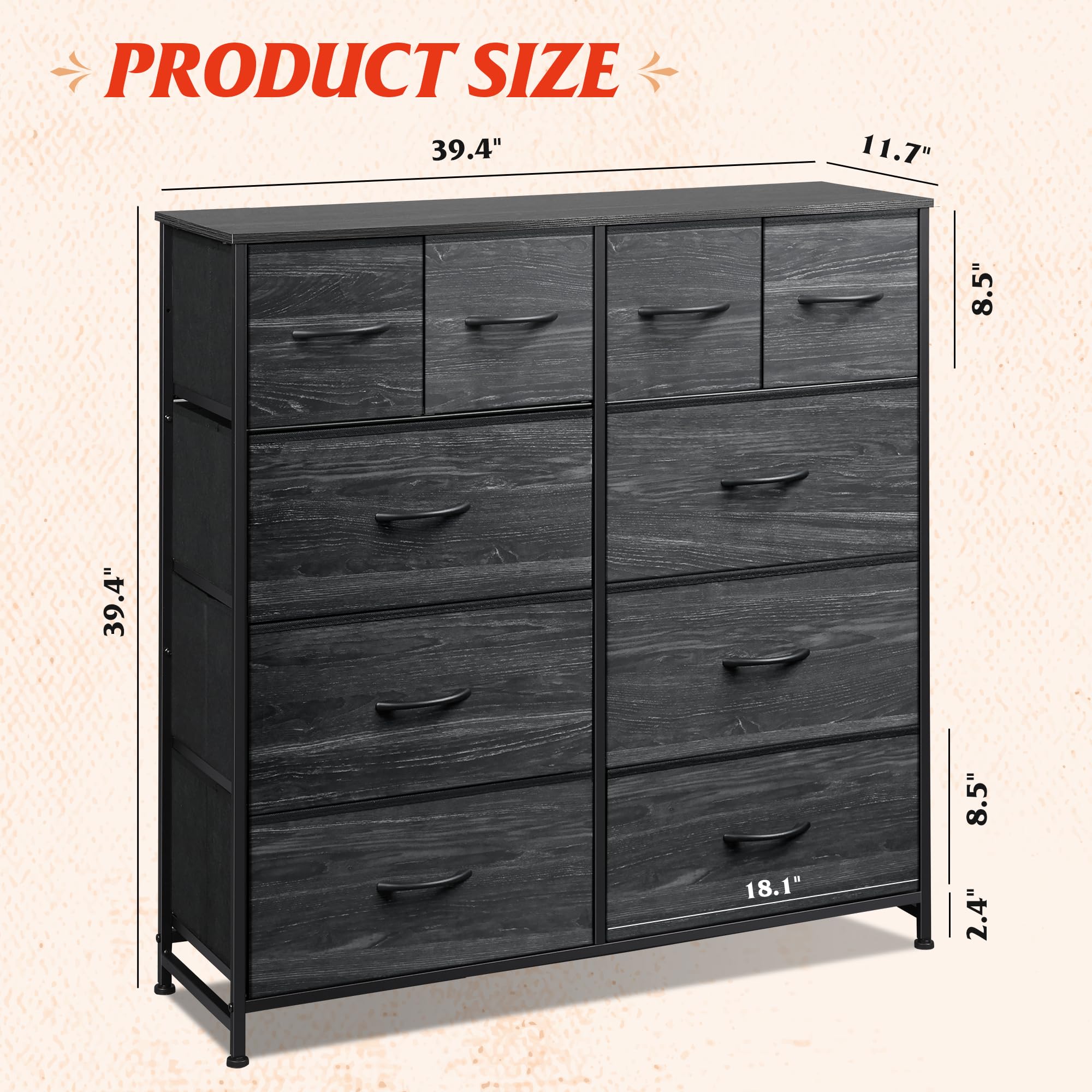 Wlive Dresser For Bedroom With 10 Fabric Drawers, Tall Chest Organizer Units For Clothing, Closet, Storage Tower With Cabinet, Metal Frame, Wooden Top, Charcoal Black Wood Grain Print