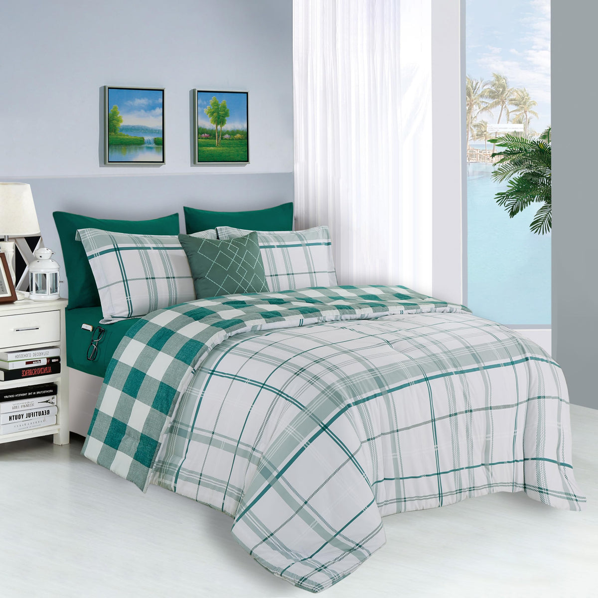 Elegant Comfort Silky Soft 8-Piece Plaid Lodge Bed-In-A-Bag Comforter Set, Includes 4Pc Smart Sheet Set, Comforter, Decorative Pillow, Matching Pillowcases And Shams - Twin/Twin Xl, Sage