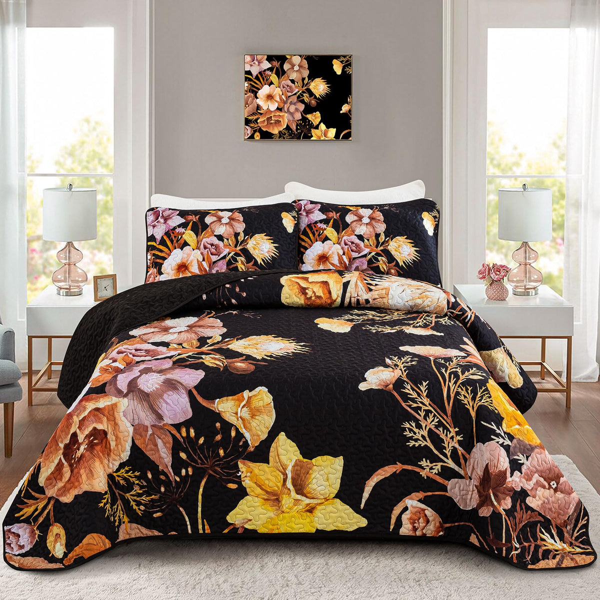 Drucon Floral Quilt Set Queen 3 Pieces Yellow Floral Quilt Coverlet Set Soft Microfiber Lightweight Yellow Quilted Bedspread for
