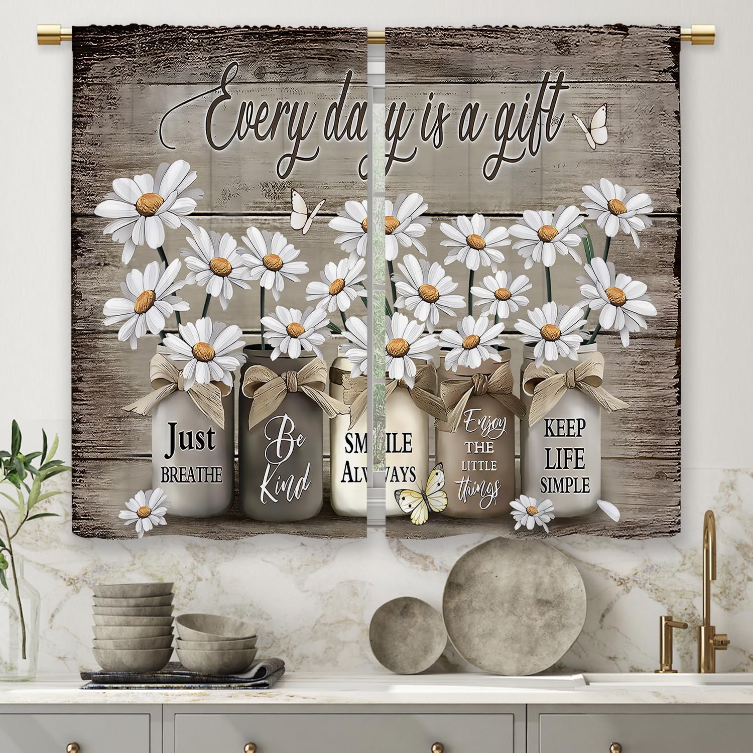 Laifzere Farmhouse Floral Kitchen Curtains Daisy Rustic Vintage Flower Inspirational Small Short Cafe Window Curtains Wooden Cou