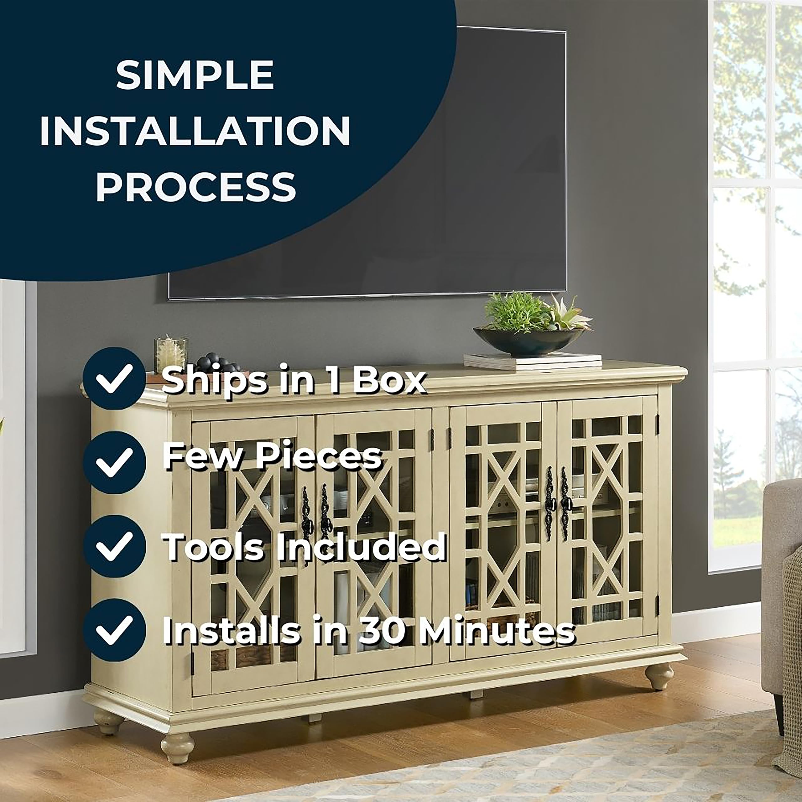 Martin Svensson Home Orsey 63&quot; Solid Wood Tv Stand - Antique Cream White Finish - Rustic Style And Parisian Design Inspired - With Two Spacious Cabinets With Adjustable Shelves For Storage.