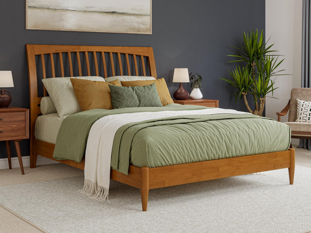 Afi, Orleans Queen Solid Wood Low Profile Sleigh Platform Bed, Light Toffee