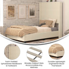 Flash Furniture Quinn Upholstered Platform Bed - Beige Channel Stitched Wingback Headboard - Twin - Mattress Foundation With Slatted Supports - No Box Spring Needed