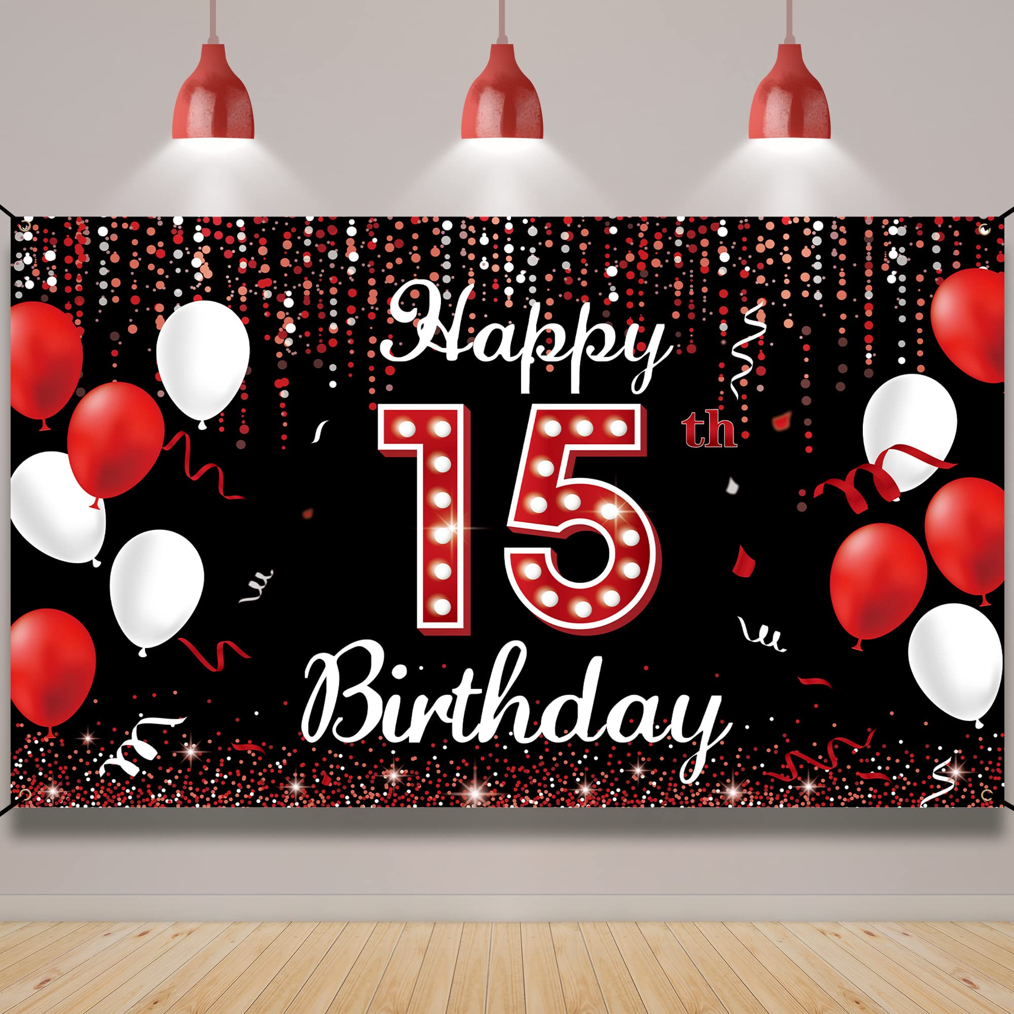 15th Birthday Backdrop Banner, Happy 15th Birthday Decorations for Girls, Red Black 15 Year Old Birthday Party Photo Booth Props
