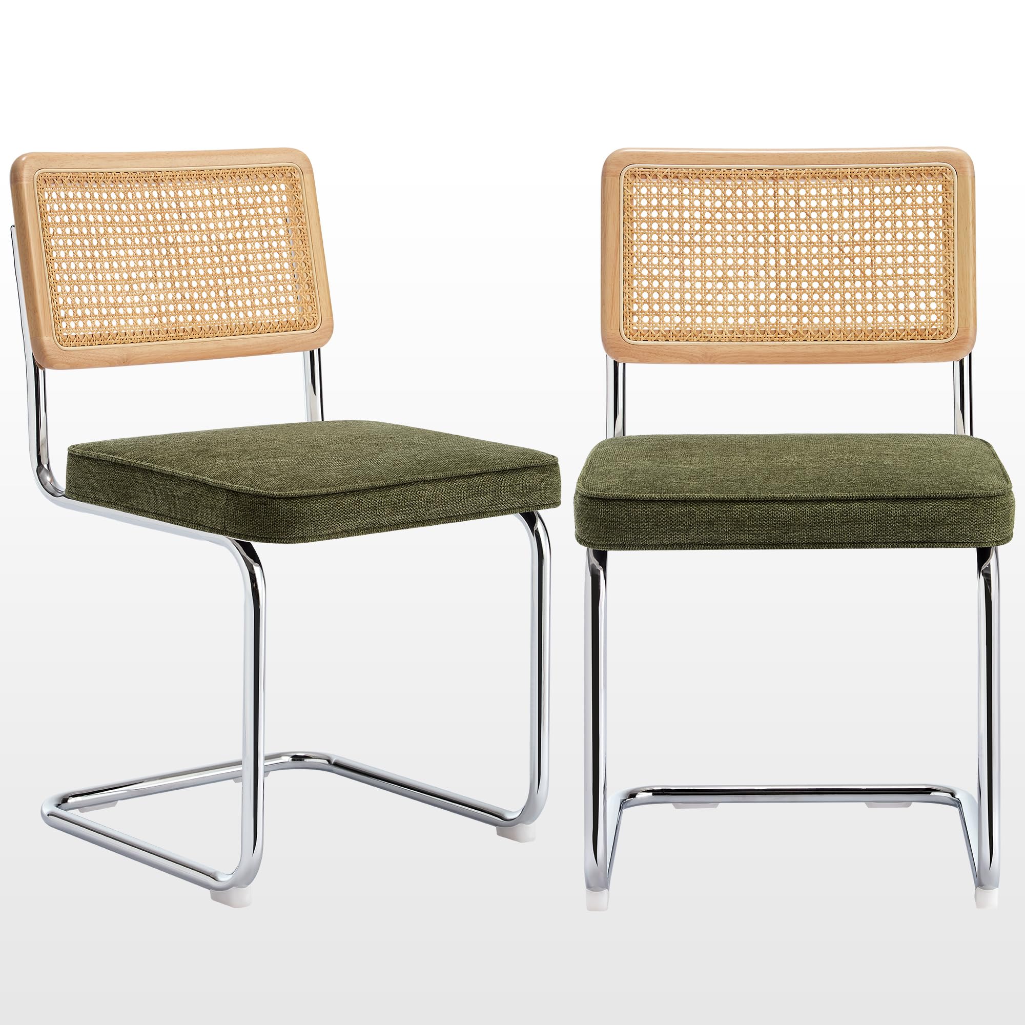 Zesthouse Natural Rattan Dining Chairs Set Of 2, Mid Century Modern Dining Chairs With Solid Wood Back & Chrome Base, For Kitche