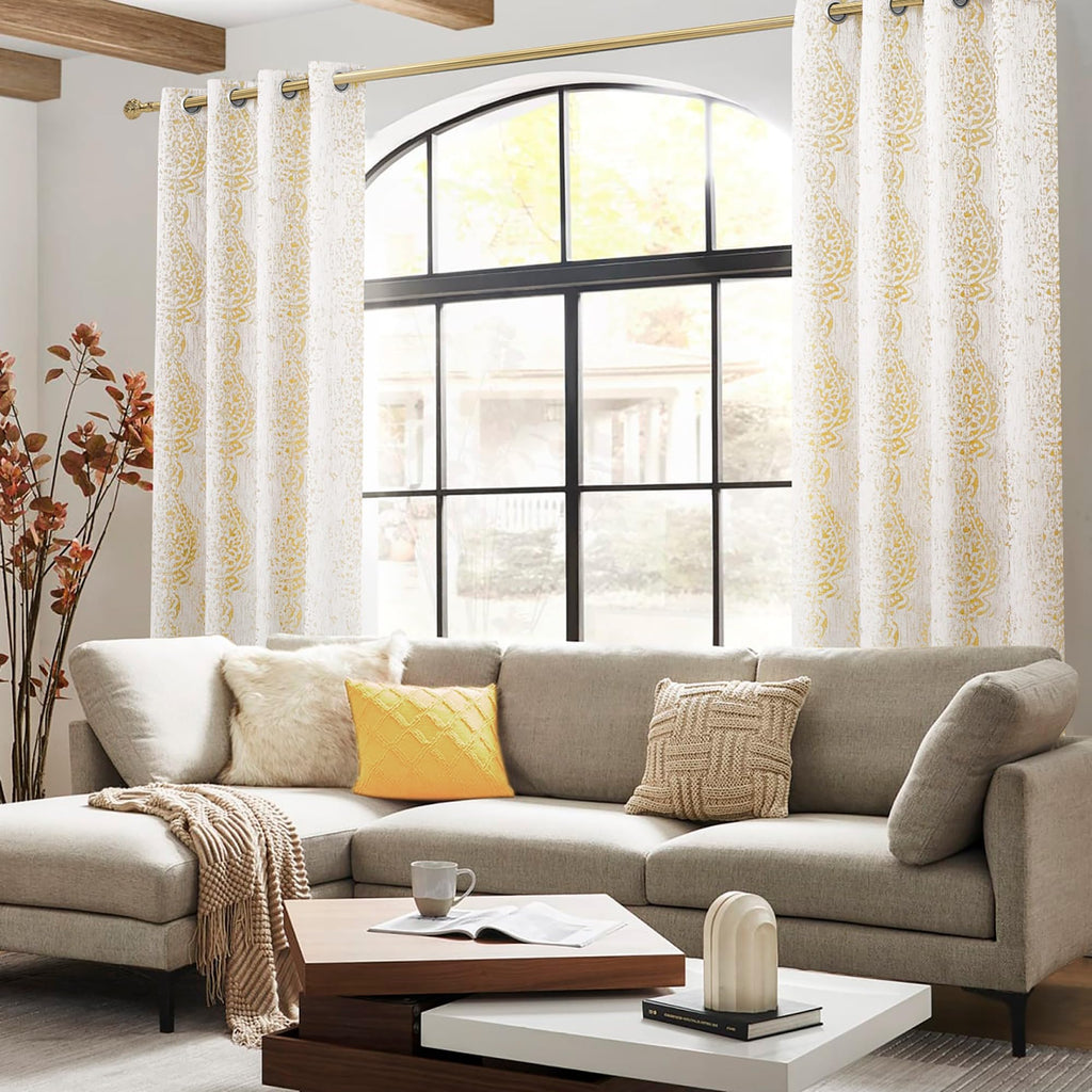 Gold Yellow Curtains For Living Room 84 Inch Length 2 Panels Set Vintage Mid Modern Century 50% Blackout Texture Window Boho Dam