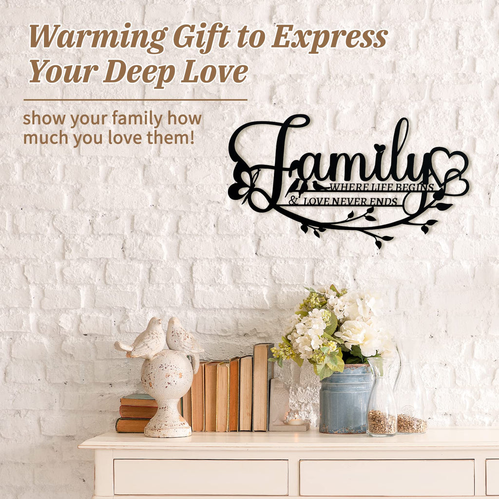 Family Sign Black Metal Wall Art Decor, Oppro Family Where Life Begins Love Never Ends Wrought Iron Wall Decorations, Hanging Fa