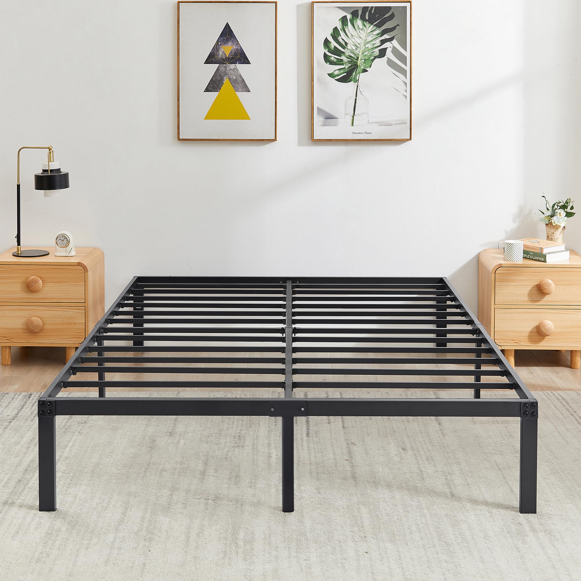 Vecelo 14 Inch Metal Queen Size Bed Frame,Black Basic Steel Slats Platform, Easy Assembly Heavy Duty Noise Free/No Box Spring Needed,Modern(2 Set)
