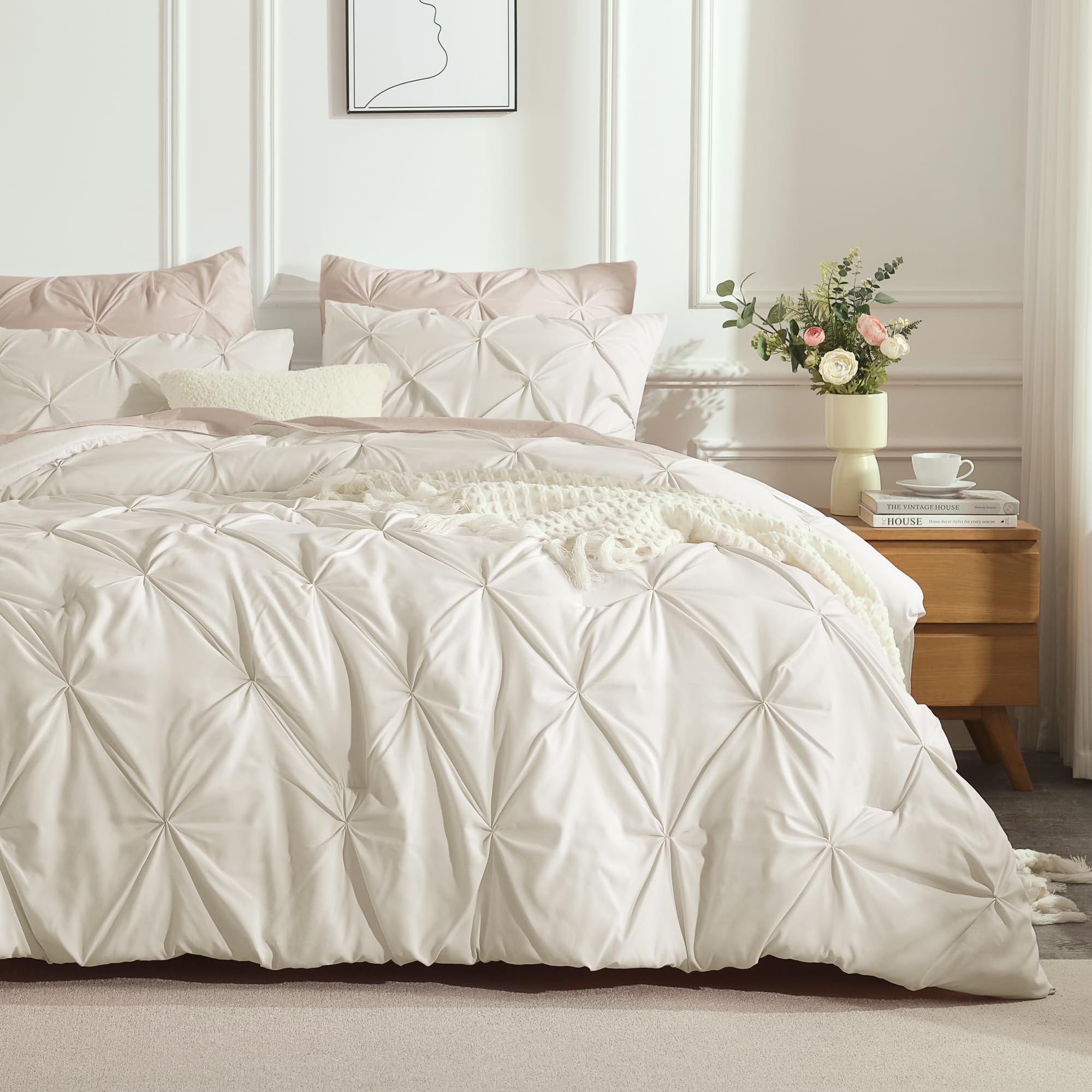 Andency Beige Comforters Queen Size, 3 Pieces Cream Bedding Set & Collections For Women Men, All Season Soft Fluffy Lightweight Pinch Pleat Bed Comforter Set (90X90Inch)