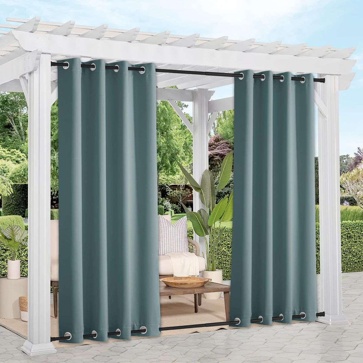 Nicetown 2 Panels Greyish Blue Outdoor Curtains For Patio Waterproof, Sunlight Block Rustproof Grommet Top & Bottom Windbreak Th
