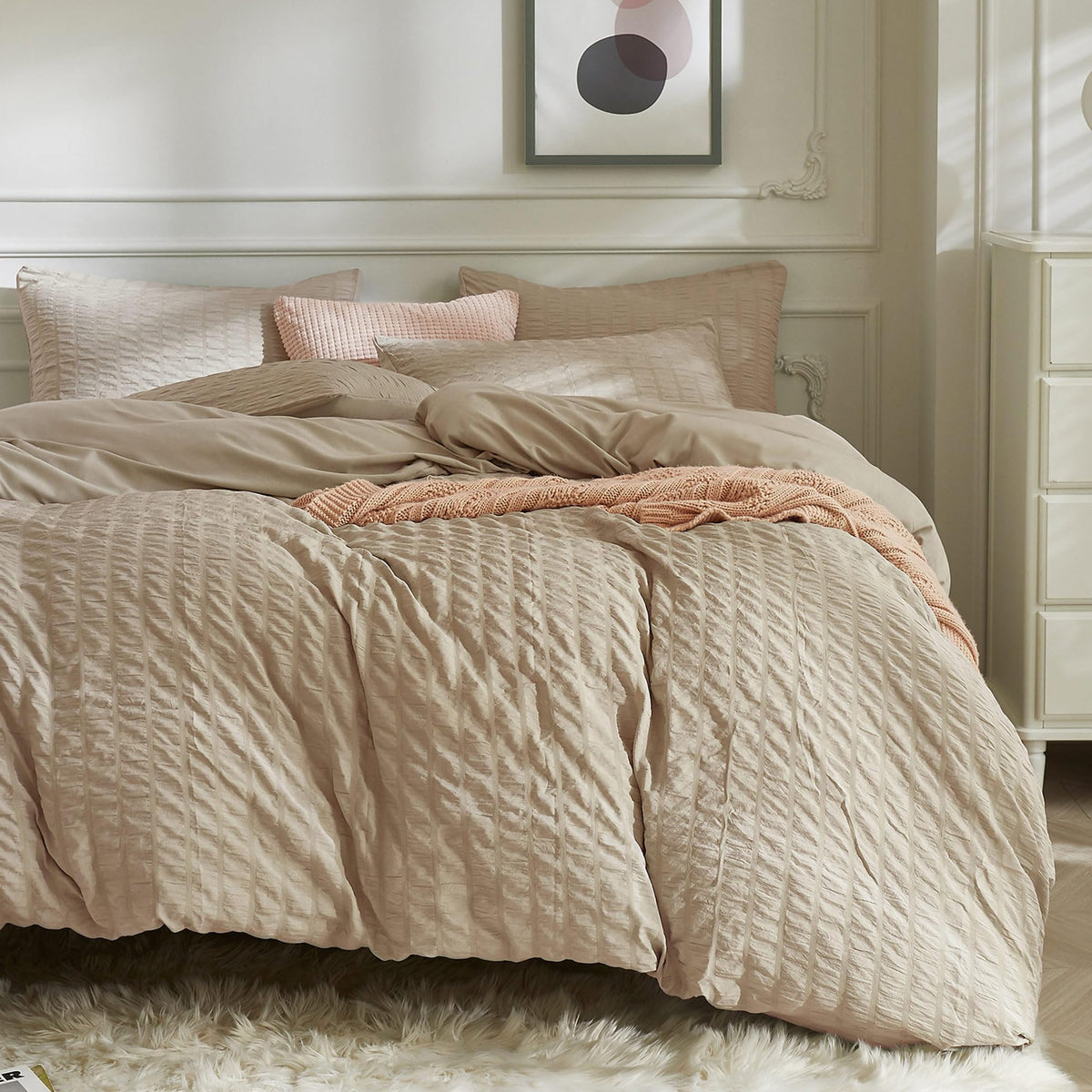 Jellymoni Khaki Duvet Cover Queen Size, 3Pcs Washed Microfiber Bedding Set, Soft Breathable Seersucker Duvet Cover Set With Zipp