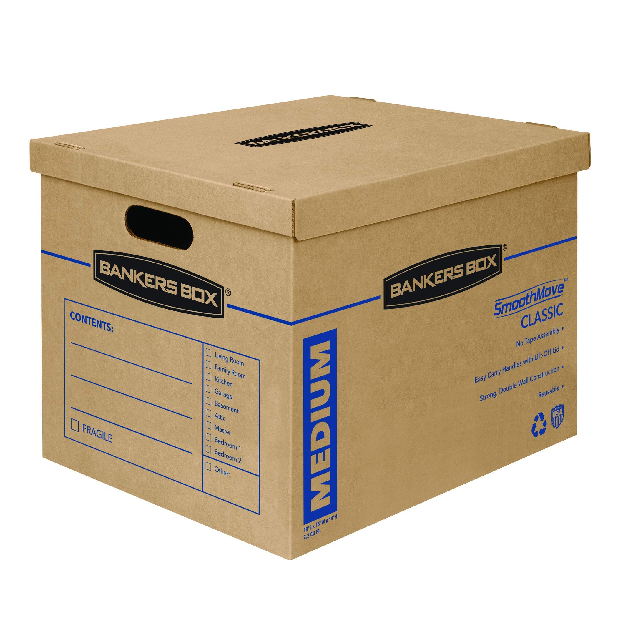 Bankers Box Medium Classic Moving Box 10 Pack, Reinforced Handles, Tape-Free Assembly, Box With Lid, 19-In X 14.5-In X 15.5-In (