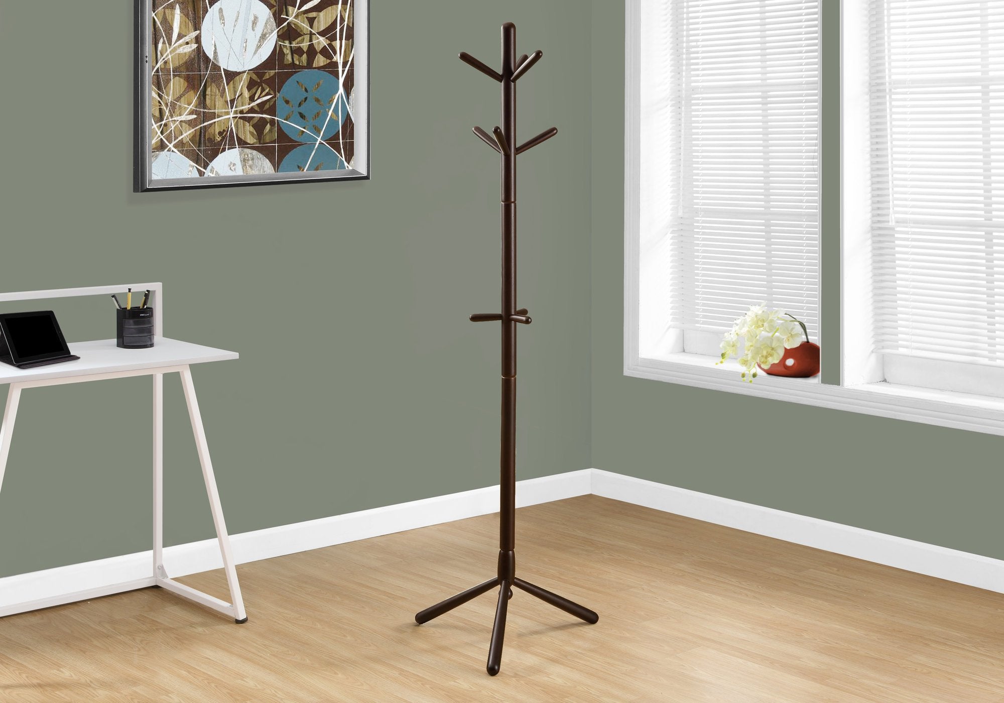 Monarch Specialties 2004, Hall Tree, Free Standing, 9 Hooks, Entryway, Bedroom, Wood, Brown, Contemporary, Modern Coat Rack, 16.25' L x 16.25' W x 69' H, Cappuccino