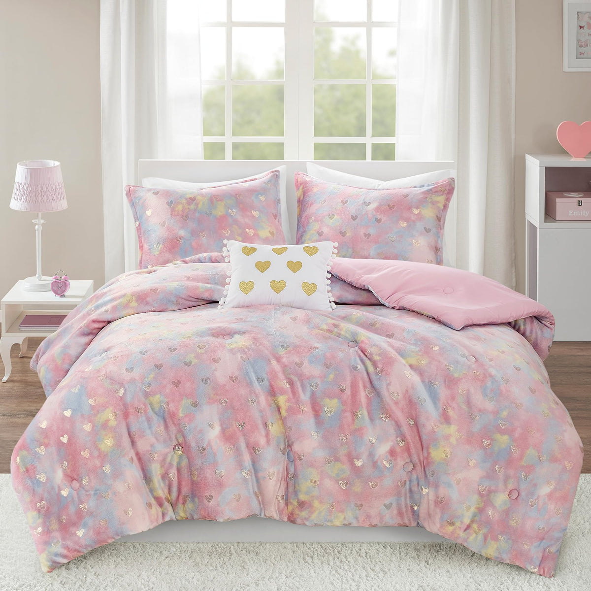 Mi Zone Twin Comforter Set, 3 Piece Metallic Hearts Bedroom Set For Girls, Twin Bed Set Soft Plush Comforter, Rosalie All Season