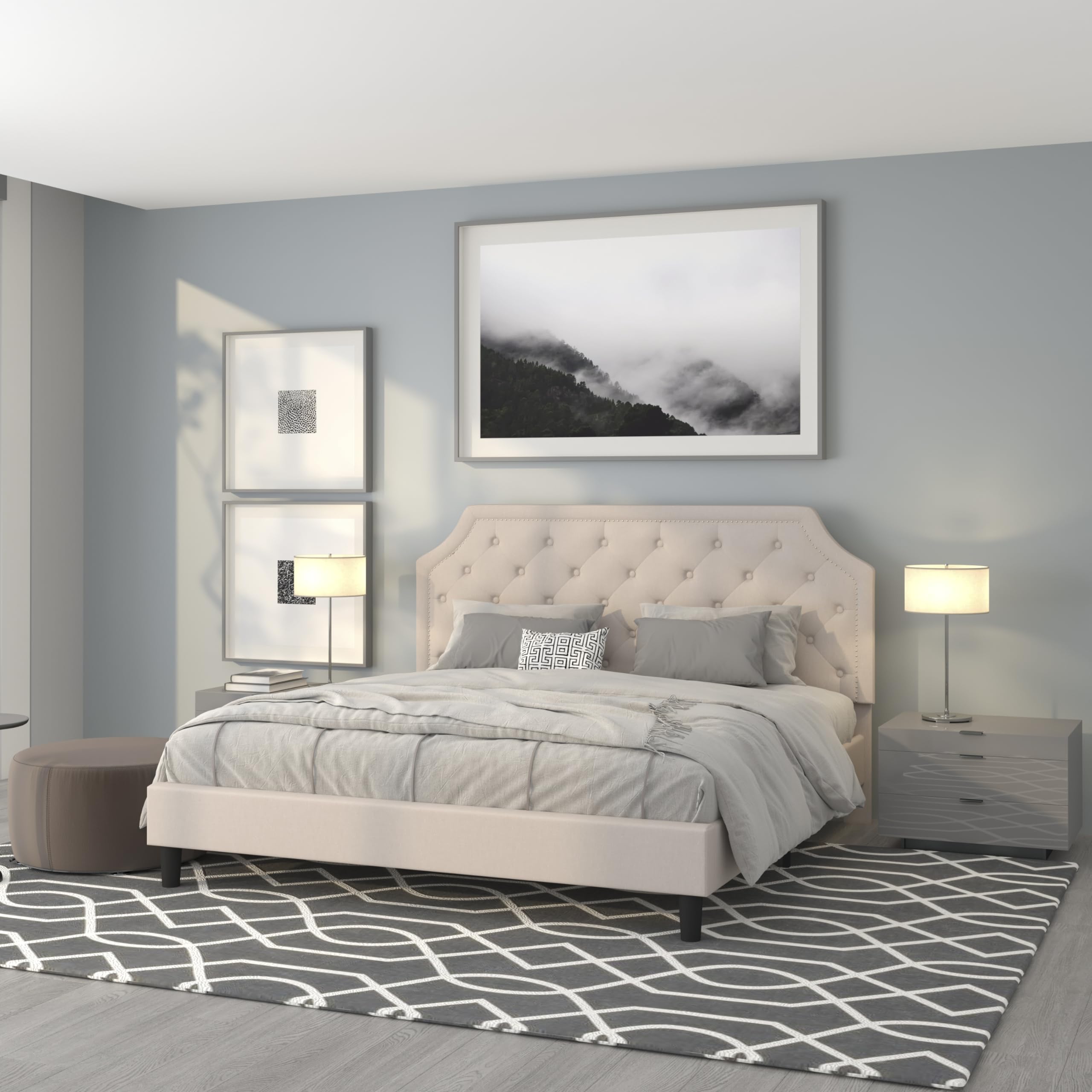 Flash Furniture Brighton Fabric Arched Tufted Upholstered King Size Platform Bed, Modern Low-Profile King Bed Frame With Headboard, Beige