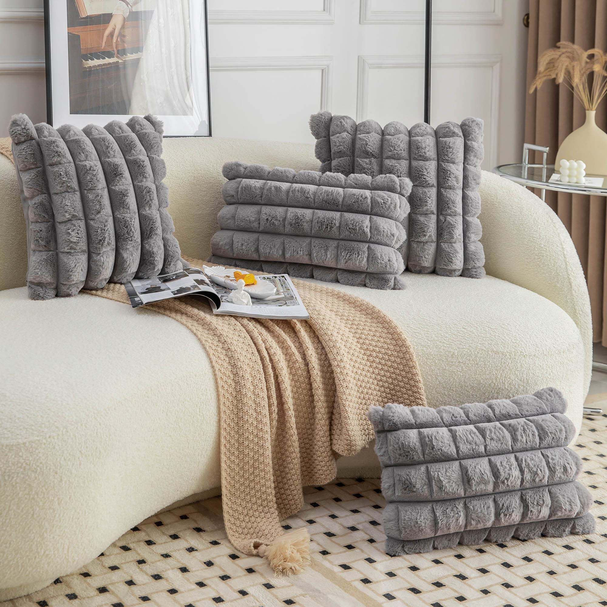 Neelvin Grey Faux Fur Cozy Soft Plaid Decorative Throw Pillow Covers 18X18 Inch Set Of 2,Velvet Pillowcase Cushion Case For Sofa