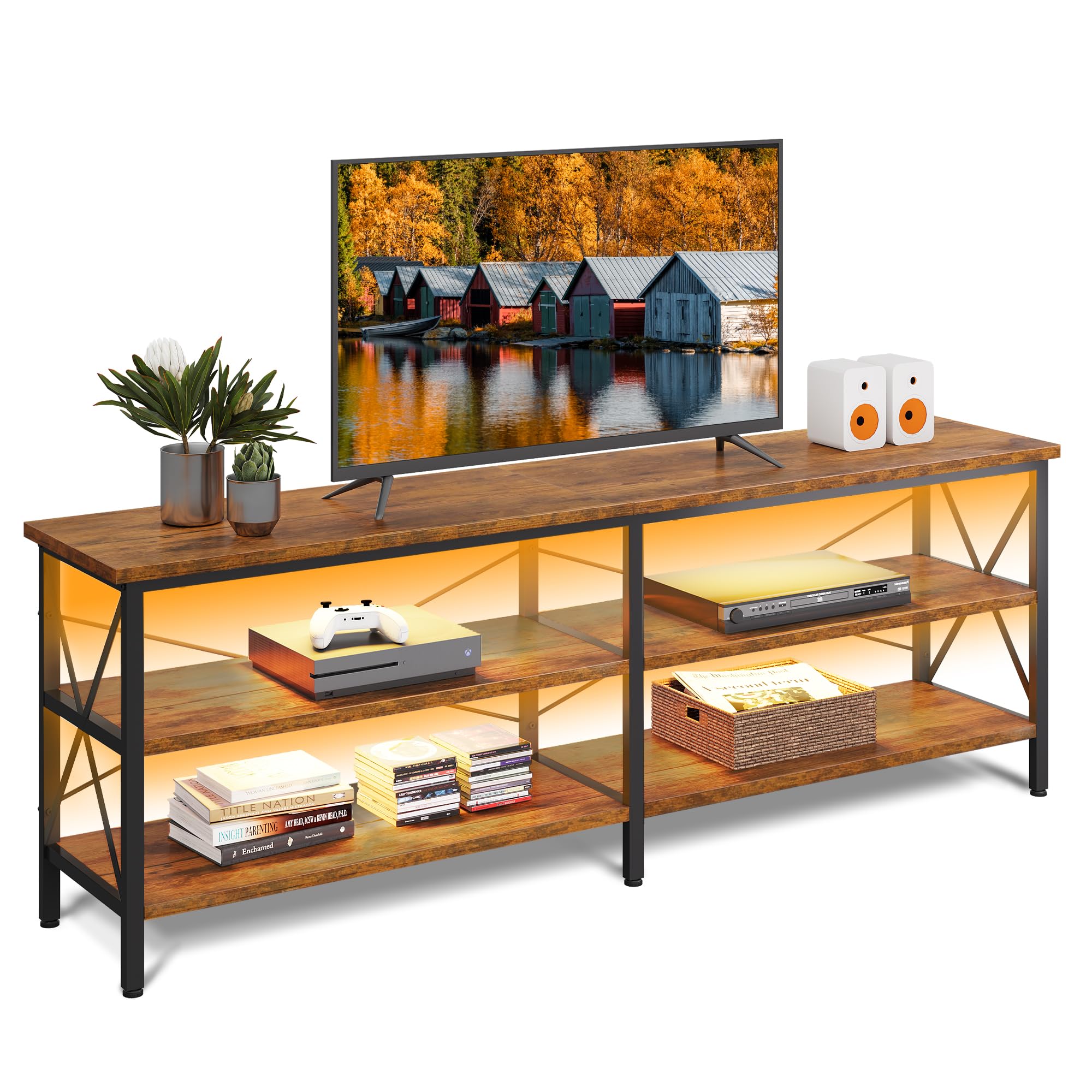Wlive Tv Stand Up To 70 Inch Tv, 63' Entertainment Center With Led, Tv Media Console With 3-Tier Storage Shelves For Living Room And Bedroom, Rustic Brown