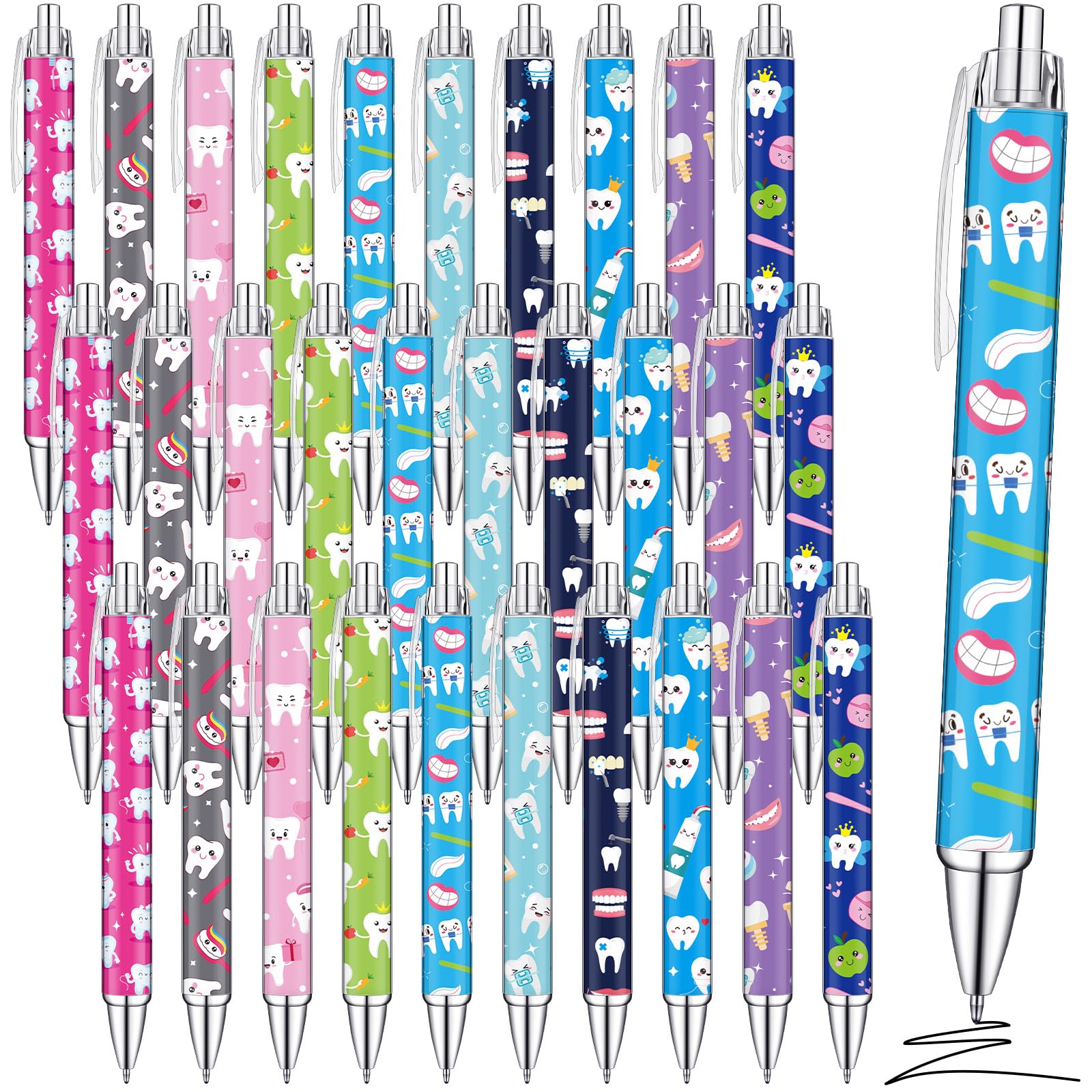 Watersay 30 Pcs Teeth Pens Bulk Dental Gifts Retractable Dentists Ballpoint Pen Black Ink with Paper Scroll Inside Dental Assist